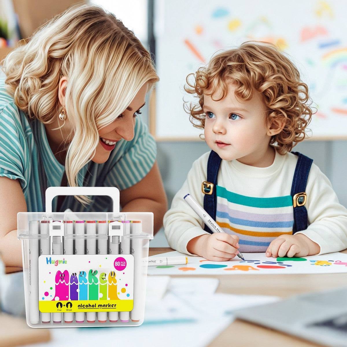 Mother and child using HugmieToys Double Tipped Permanent Marker Pens for creative drawing. Safe and fun for kids and adults alike.