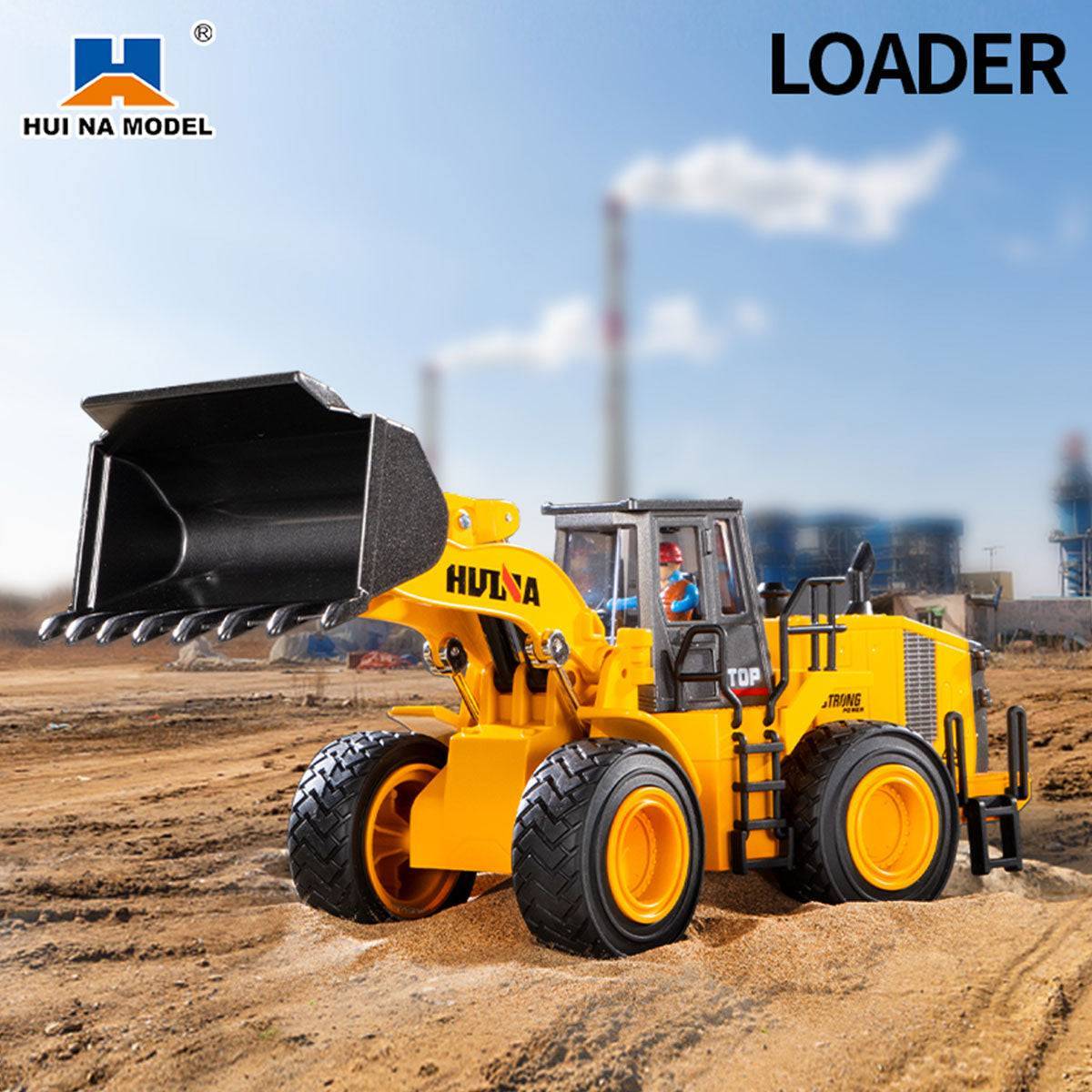 Huina 1:35 loader model with a functional bucket and durable alloy parts, designed for realistic construction play and collectors.