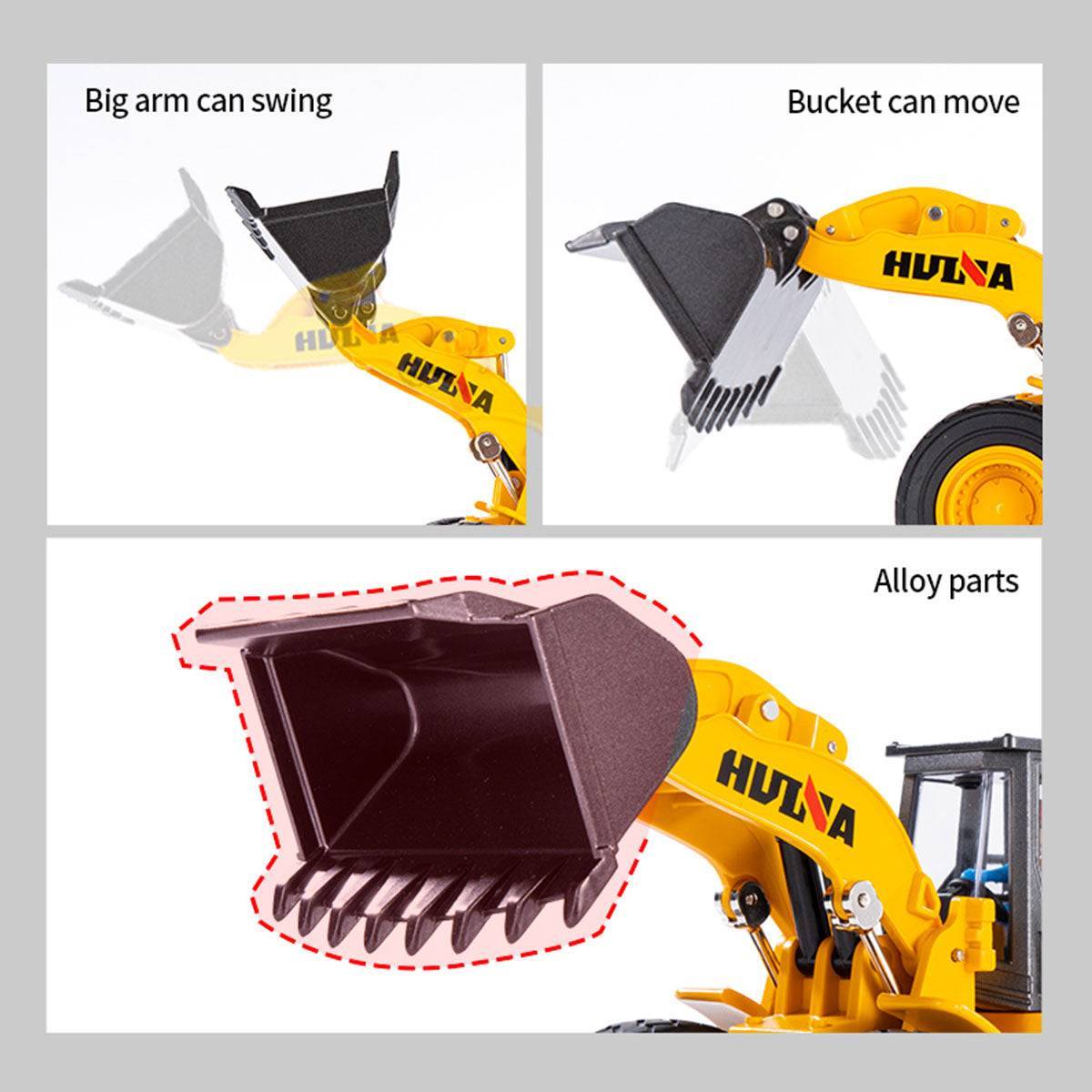 Huina 1:35 loader model showcasing its movable bucket and swingable arm, enhancing interactive play and construction simulation.