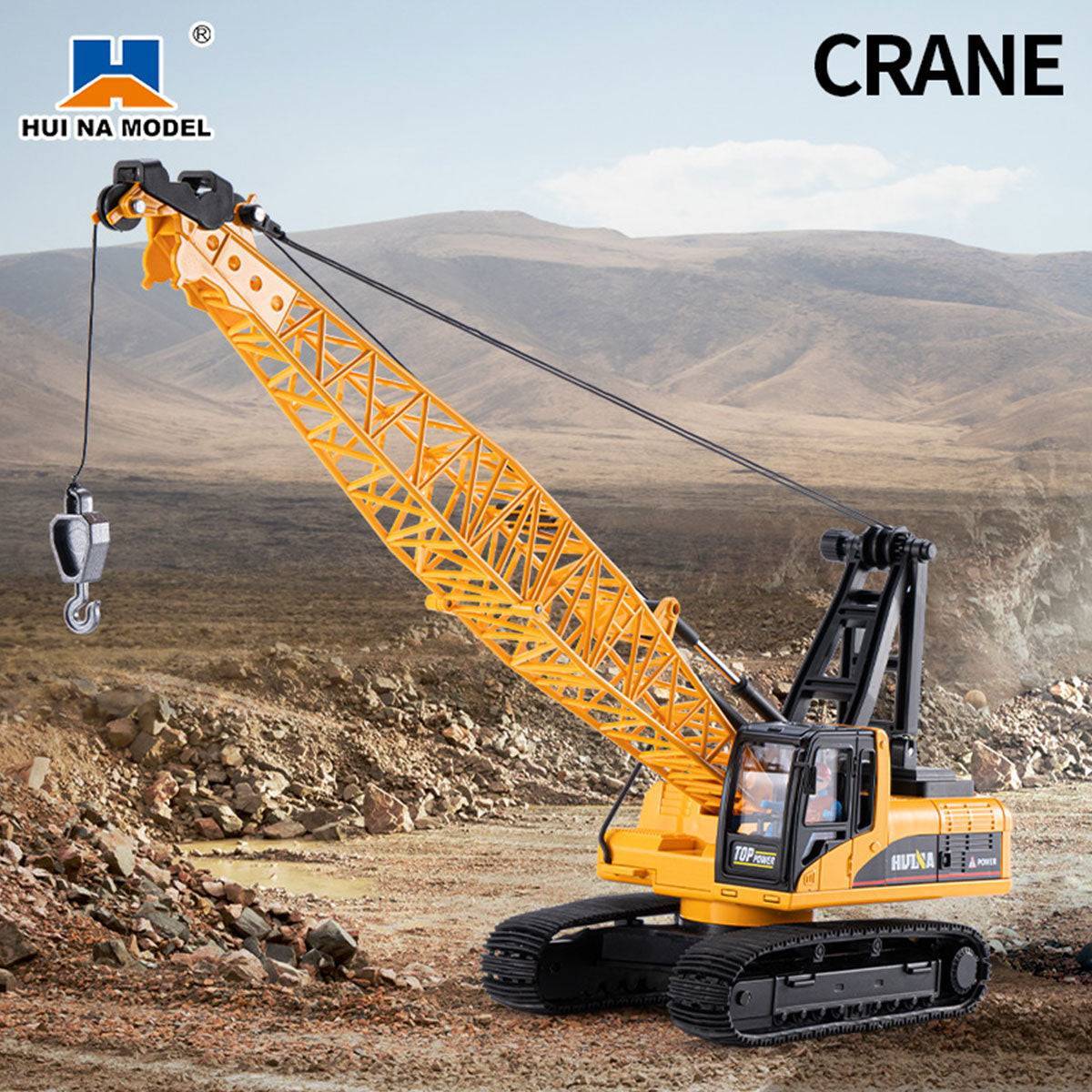 Huina 1:35 crane model with a detailed design, featuring an extendable arm and rotating base for realistic construction play.