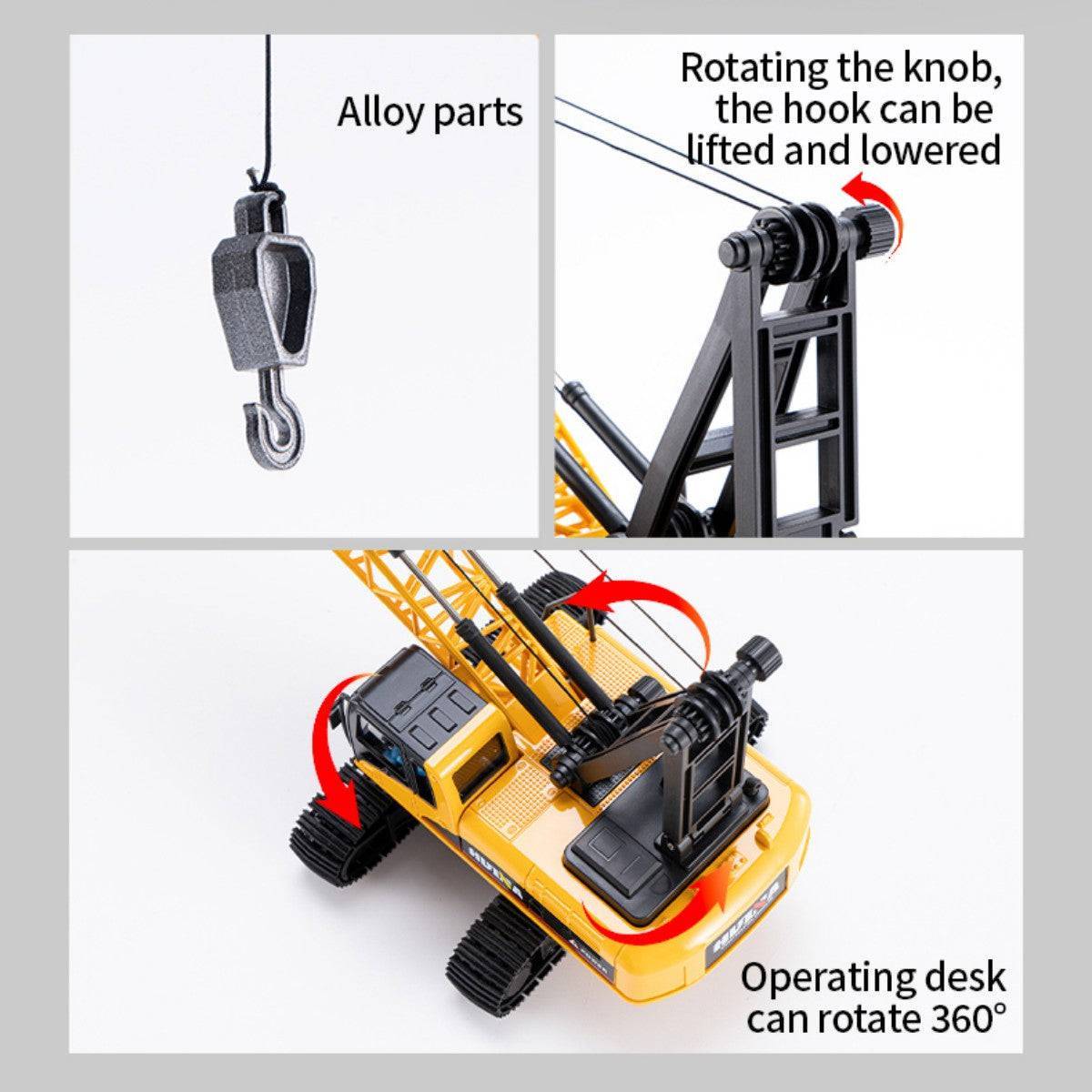 Huina 1:35 crane model demonstrating its rotating hook and 360-degree operating desk, enhancing interactive construction play.
