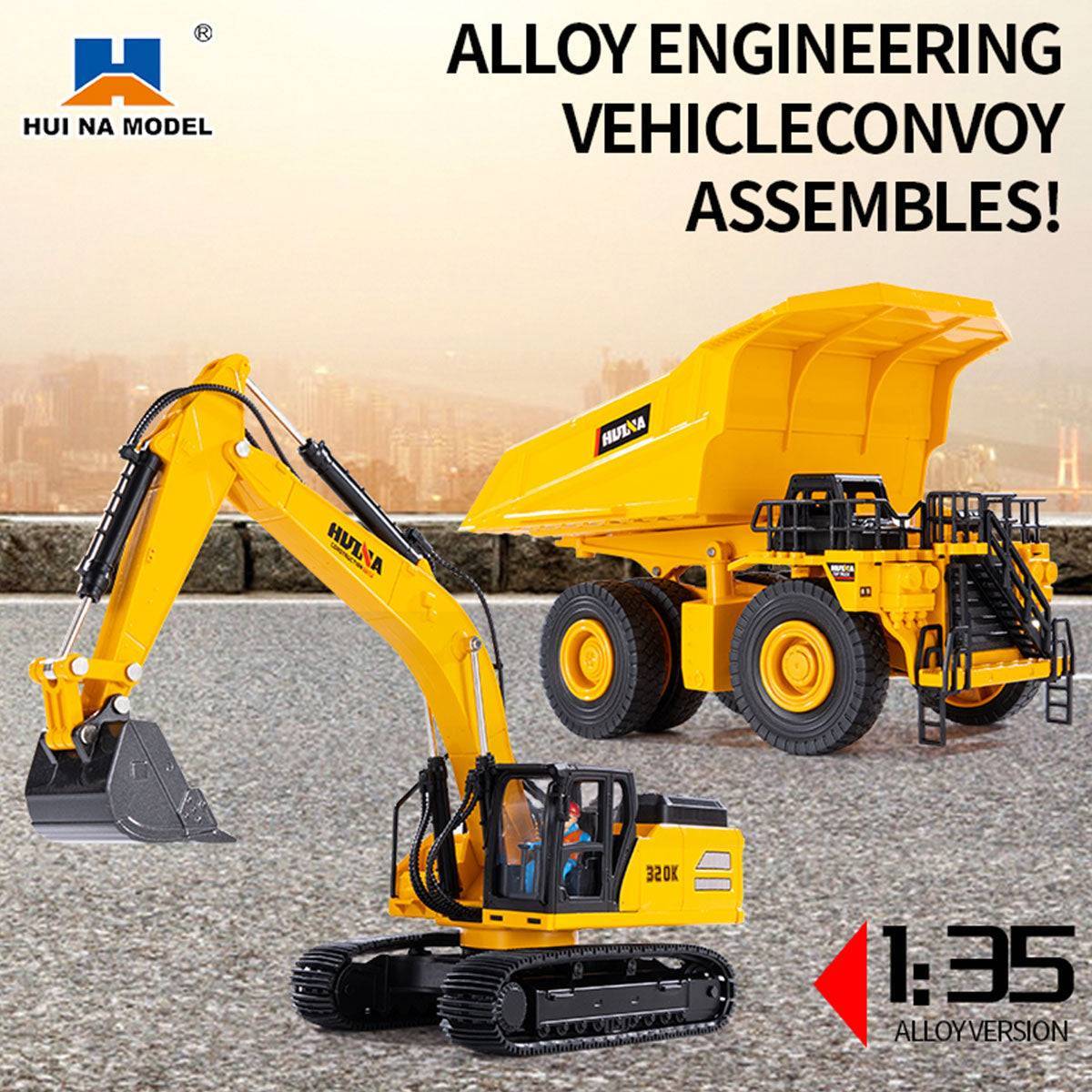 Huina 1:35 alloy engineering vehicle set featuring an excavator and dump truck, designed for realistic construction play and model enthusiasts.