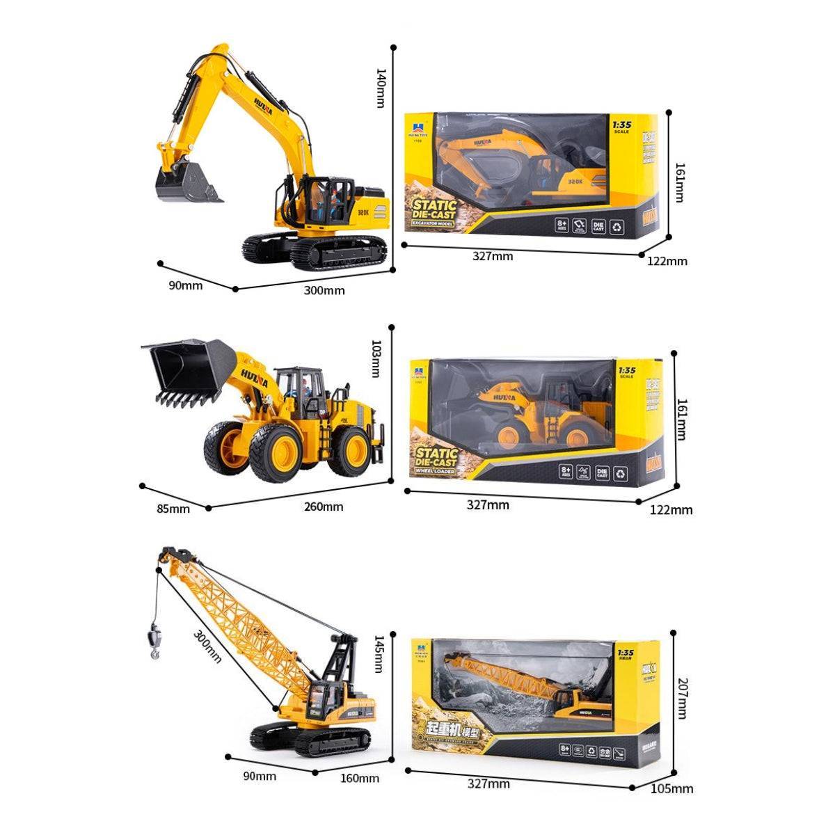 Huina 1:35 alloy engineering vehicle models in packaging, showcasing excavator, loader, and crane for collectors and kids.