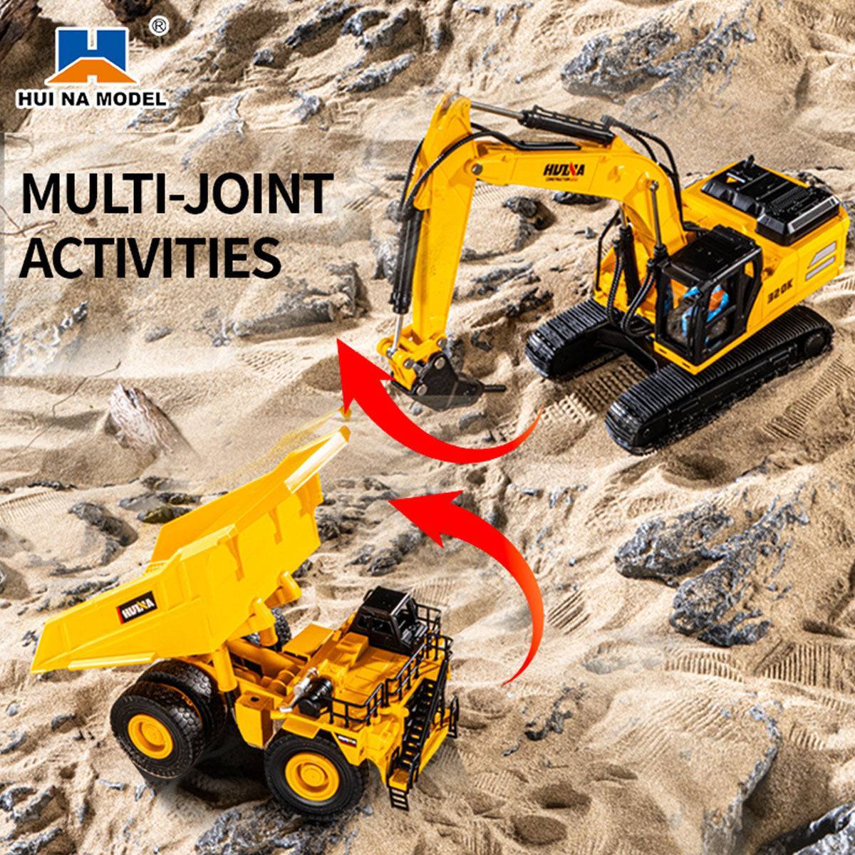 Huina 1:35 excavator and dump truck engaging in multi-joint activities, enhancing interactive construction play for kids and enthusiasts.