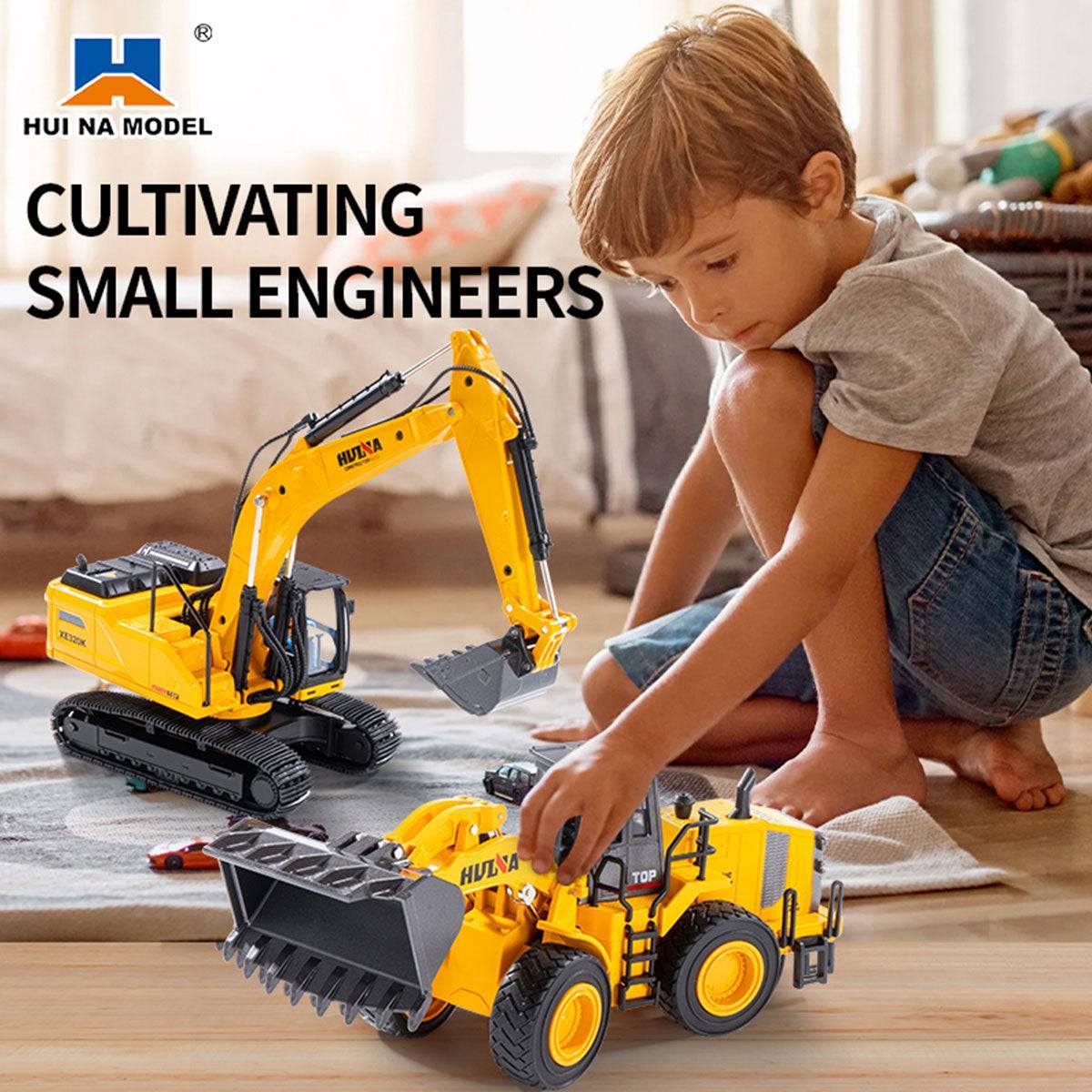A child playing with Huina 1:35 excavator and loader models, fostering creativity and engineering skills through realistic construction play.