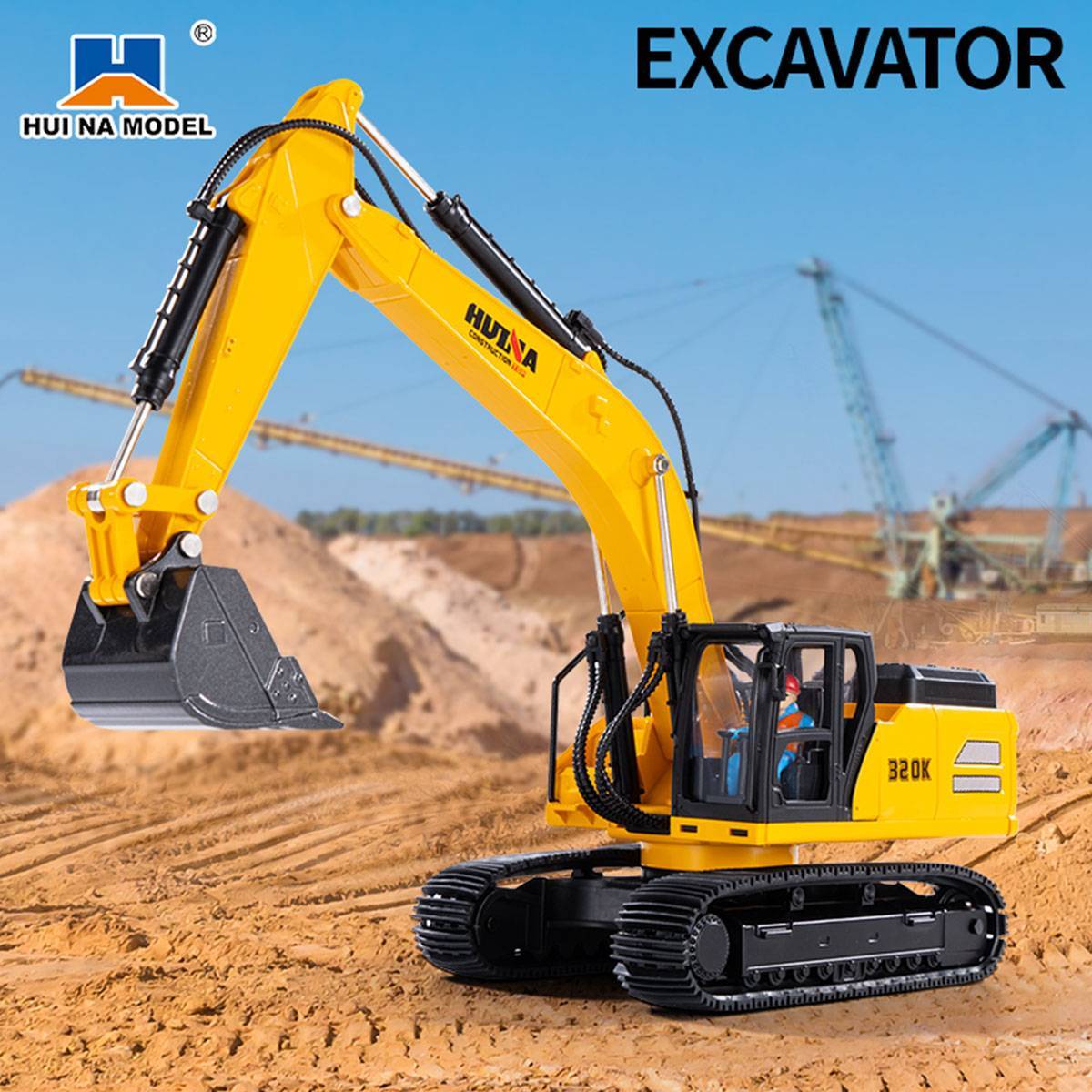 Huina 1:35 excavator model displayed on a construction site, highlighting its detailed design and functionality for collectors and kids.