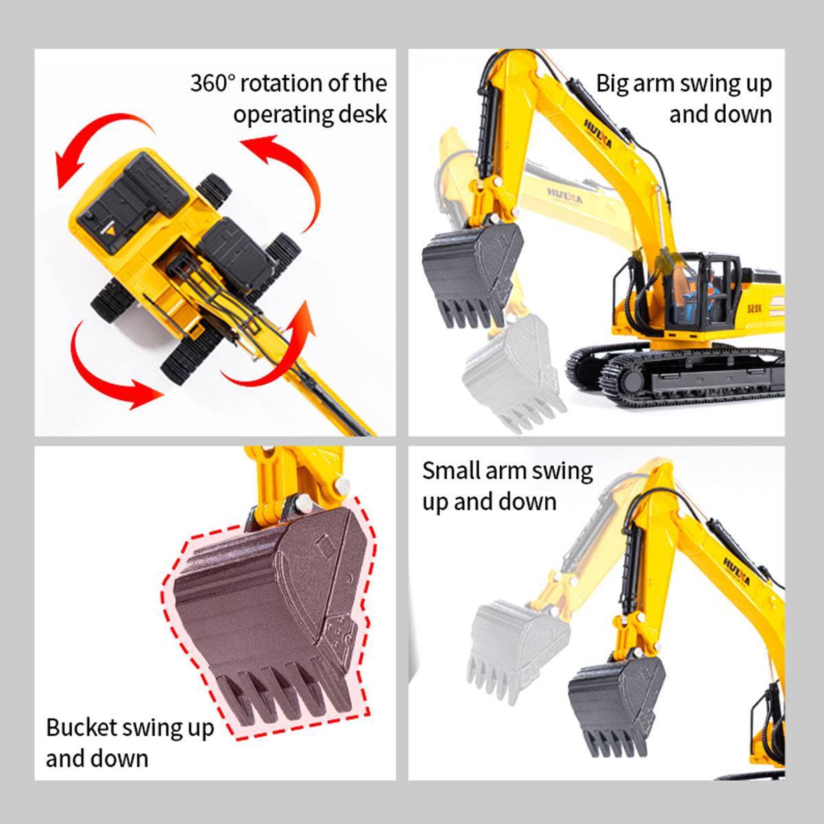 Huina 1:35 excavator model demonstrating its 360-degree rotating desk and movable arms, enhancing realistic construction play.