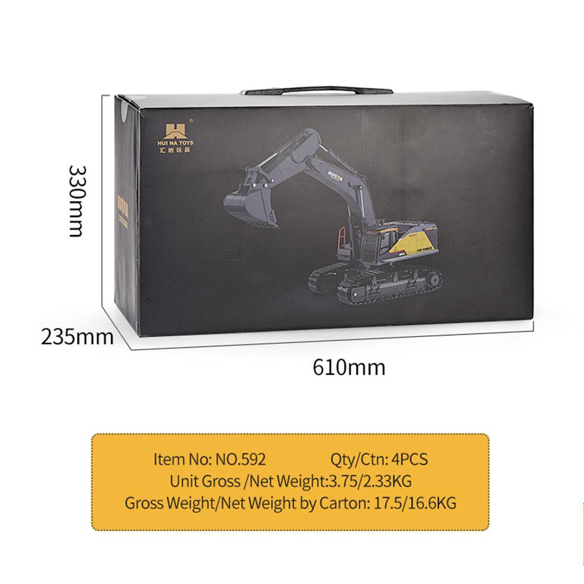 Huina 1592 1:14 Remote Control Excavator packaging box with dimensions 610mm x 330mm x 235mm. Features realistic design for construction play.
