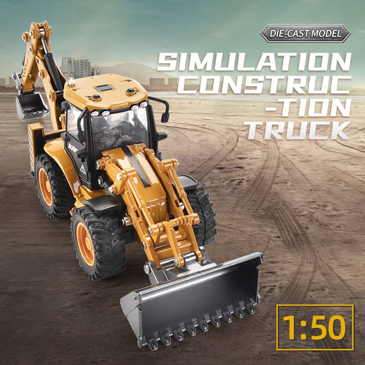 Die-cast Huina 1704 1:50 Alloy Backhoe Loader Static Model featuring a simulation construction truck design with intricate detailing.