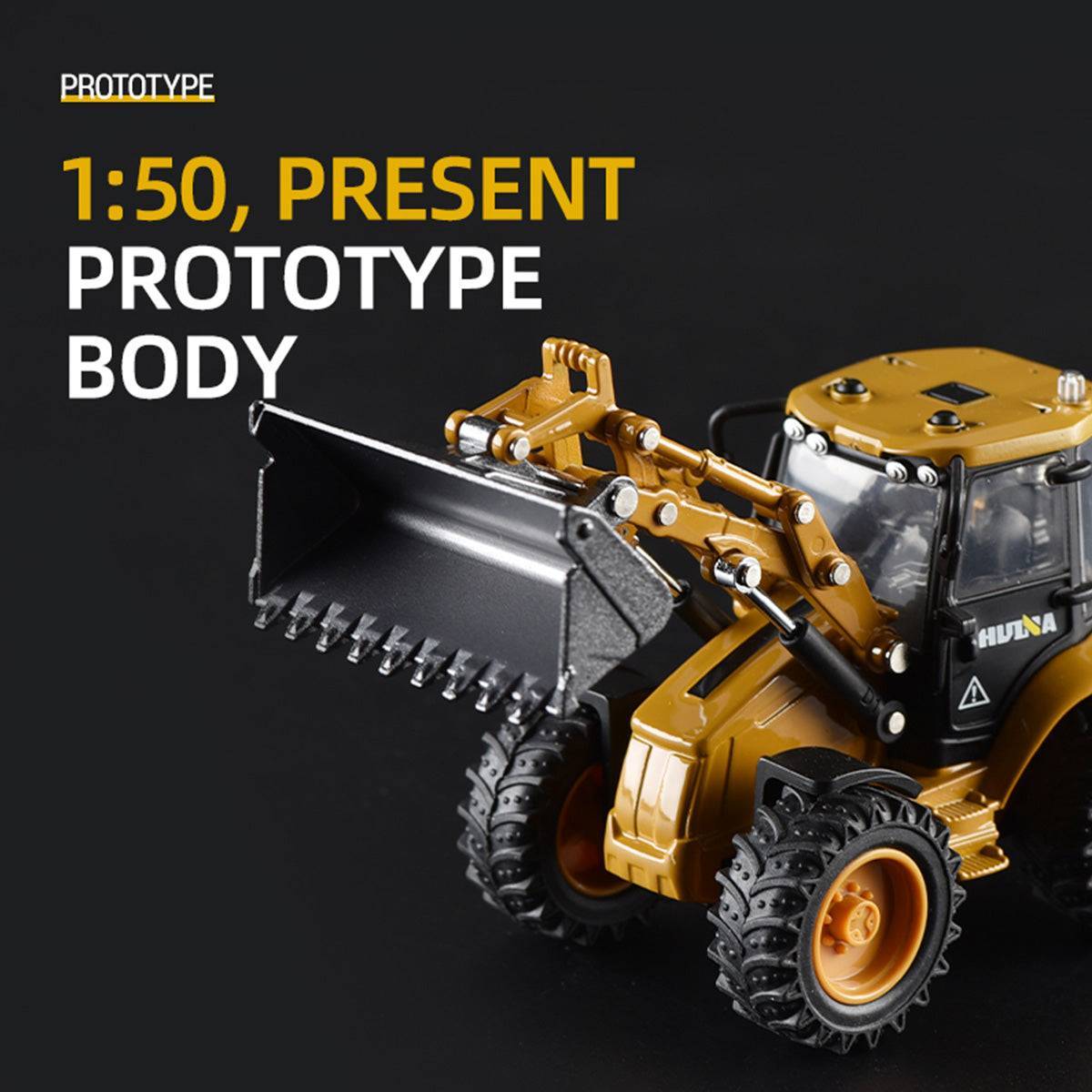 Prototype body of the Huina 1704 1:50 Alloy Backhoe Loader Static Model with a realistic front loader and durable alloy build.