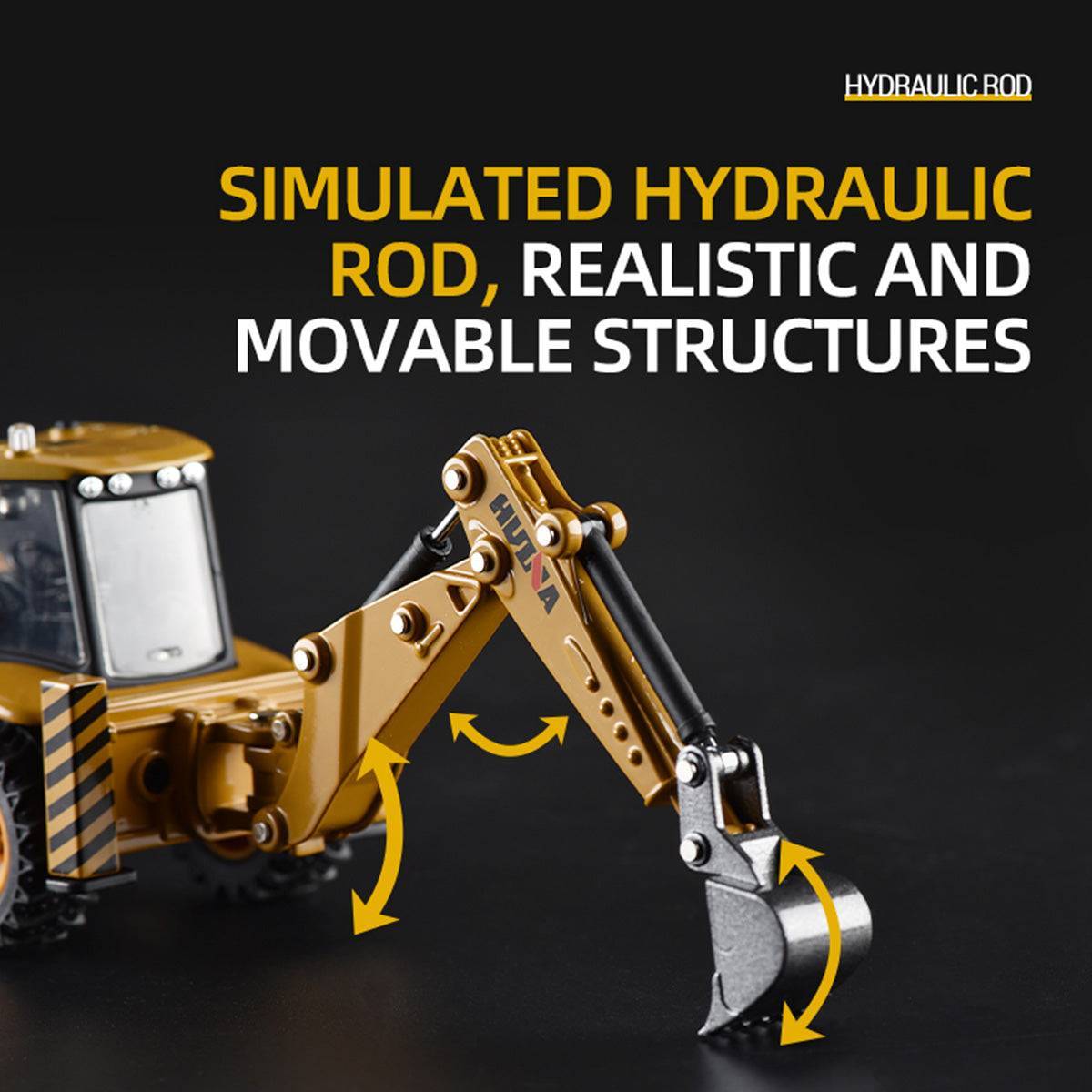 Huina 1704 1:50 Alloy Backhoe Loader Static Model showcasing simulated hydraulic rods and movable structures for added realism.