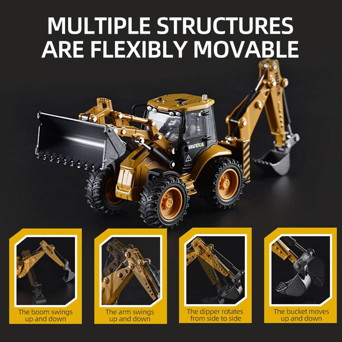 Multiple flexible and movable structures of the Huina 1704 1:50 Alloy Backhoe Loader Static Model, including boom, arm, and bucket.