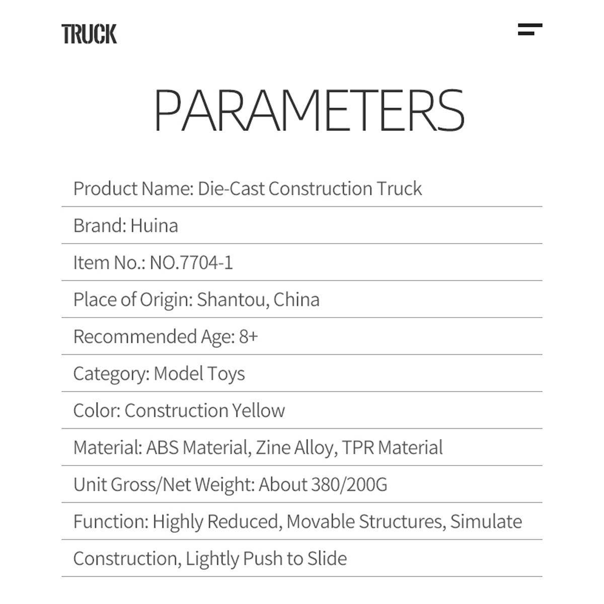 Product parameters of the Huina 1704 1:50 Alloy Backhoe Loader Static Model, including material, weight, and recommended age.