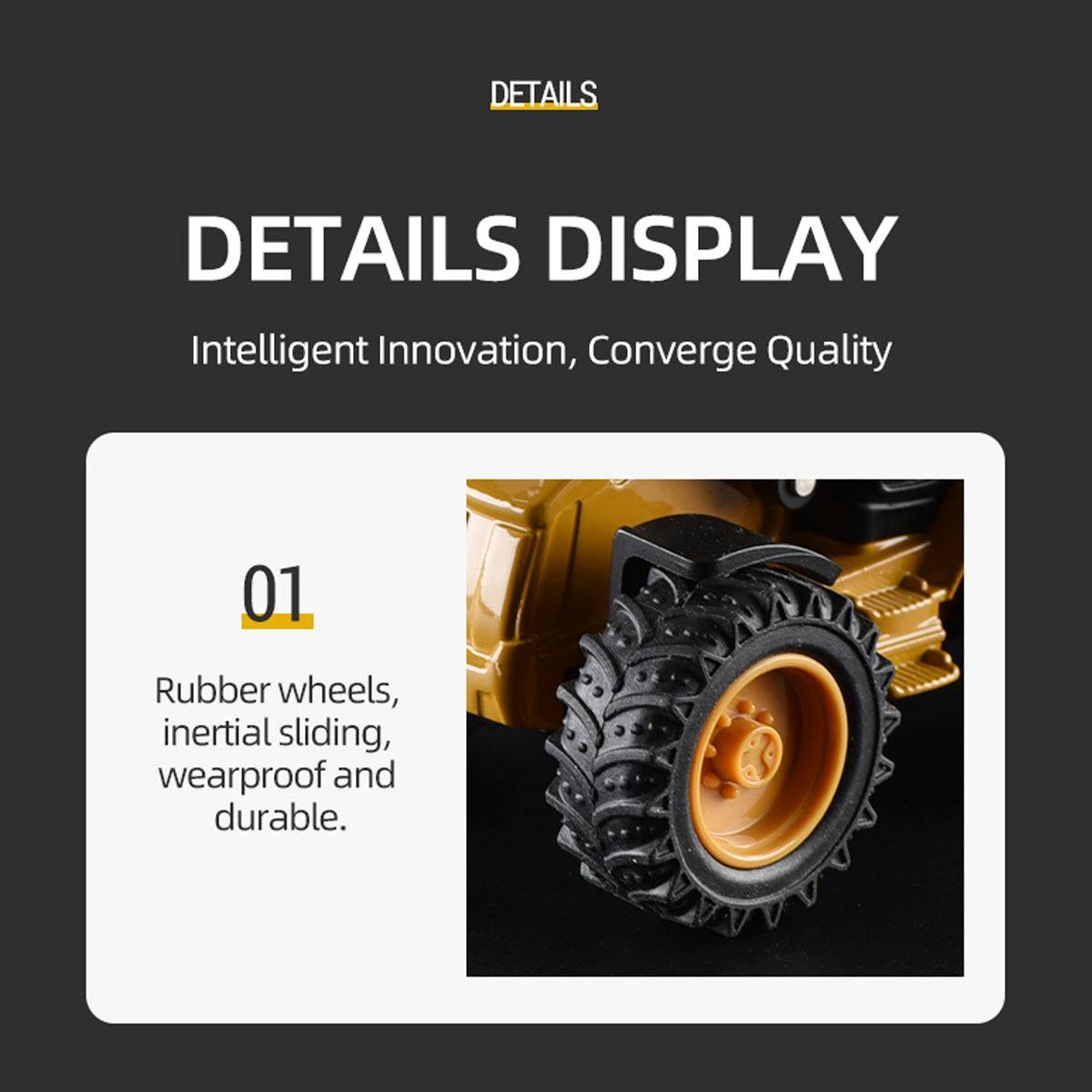 Detailed display of the Huina 1704 1:50 Alloy Backhoe Loader Static Model featuring rubber wheels, inertial sliding, and durable design.