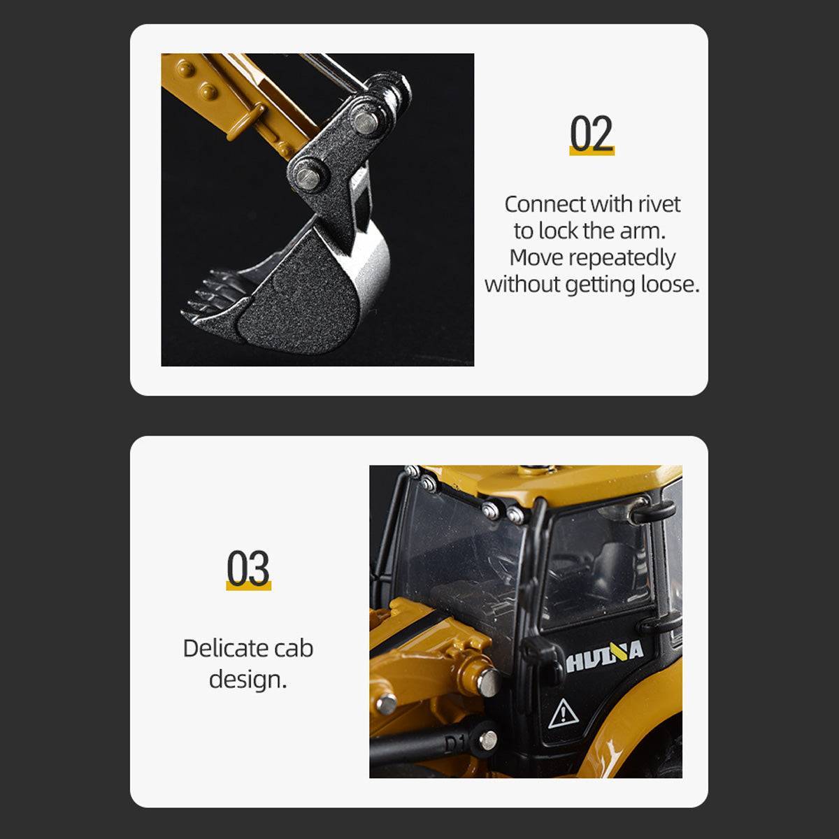 Close-up details of the Huina 1704 1:50 Alloy Backhoe Loader Static Model, highlighting rivet-locked arm and delicate cab design.