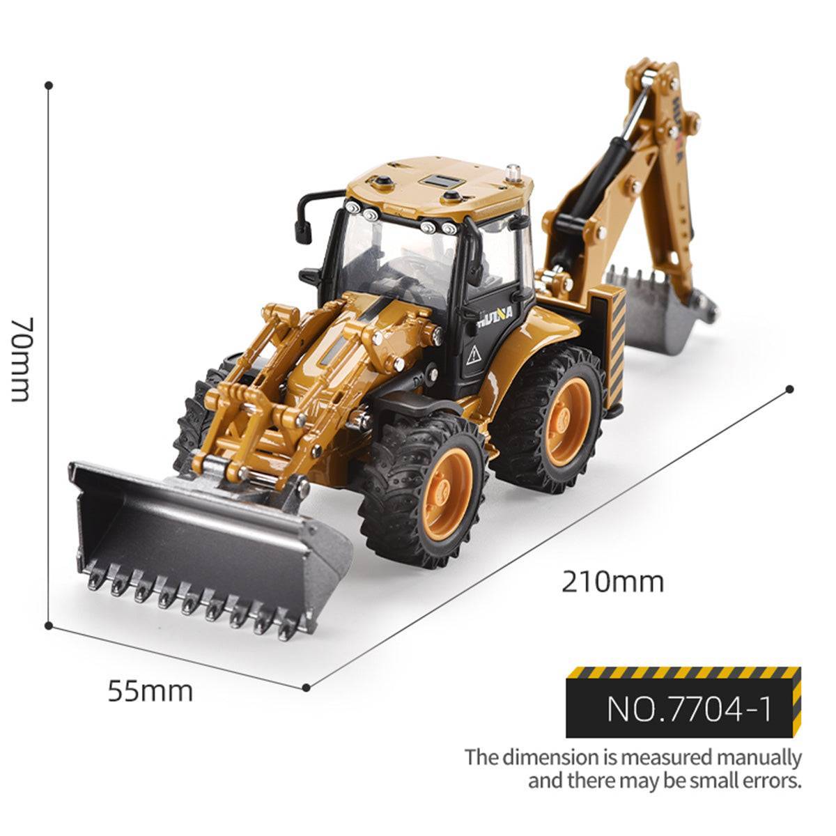 Dimensions of the Huina 1704 1:50 Alloy Backhoe Loader Static Model, measuring 210mm in length, 70mm in height, and 55mm in width.