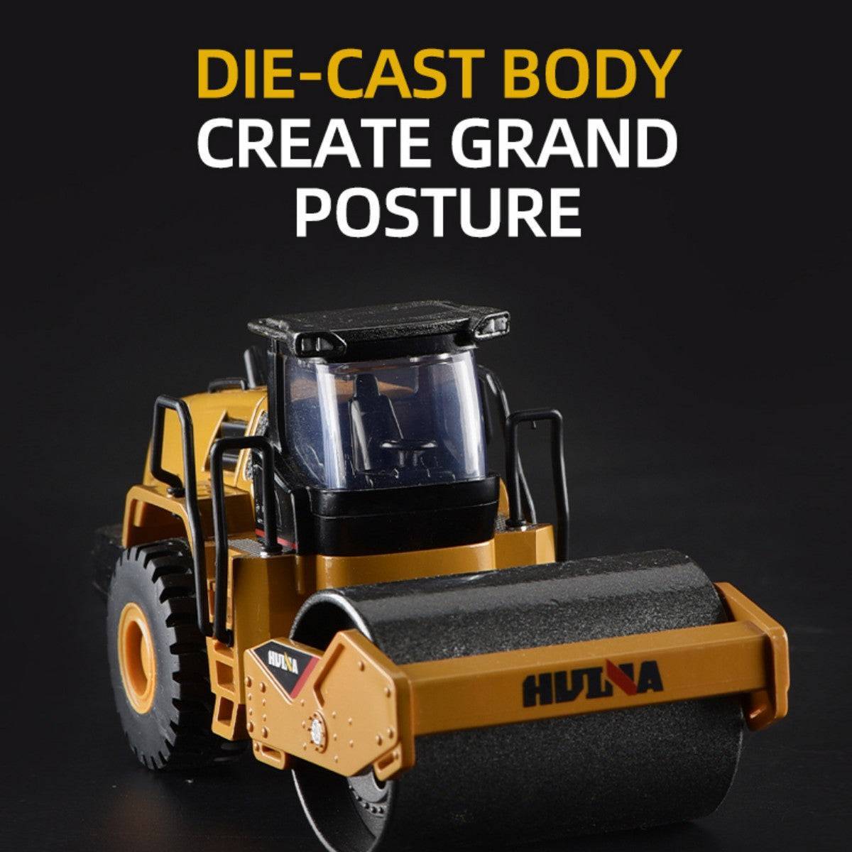 Die-cast Huina 1715 1:50 Road Roller with a robust metal body, showcasing a grand posture and intricate detailing for collectors and enthusiasts.