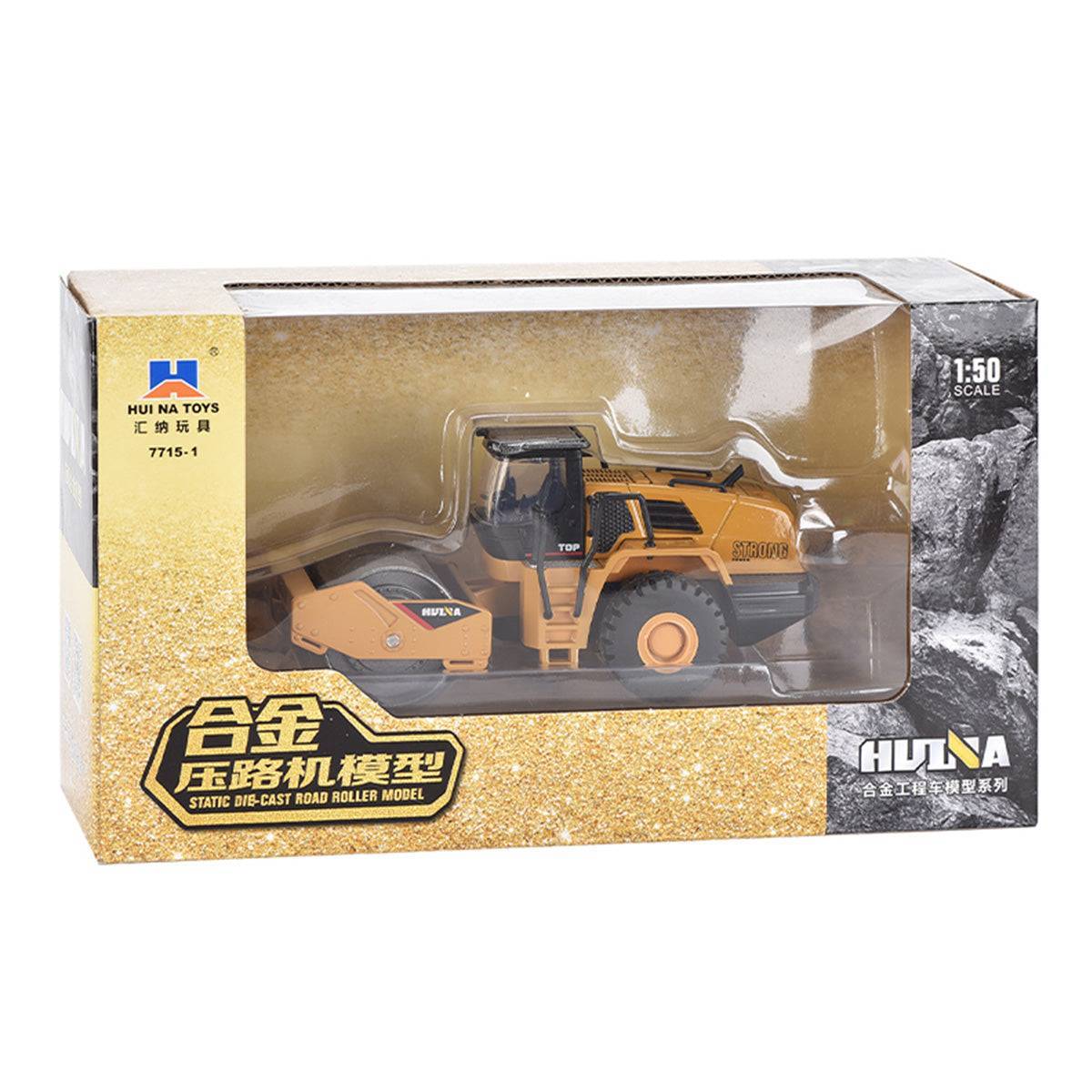 Huina 1715 1:50 Alloy Diecast Road Roller in its original packaging, featuring a clear display window and sturdy box for collectors and gifting.