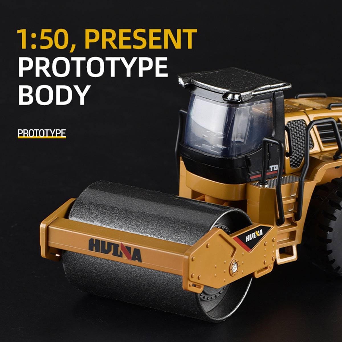 Huina 1715 1:50 Alloy Diecast Road Roller with a prototype body, offering a realistic construction vehicle model for display and play.