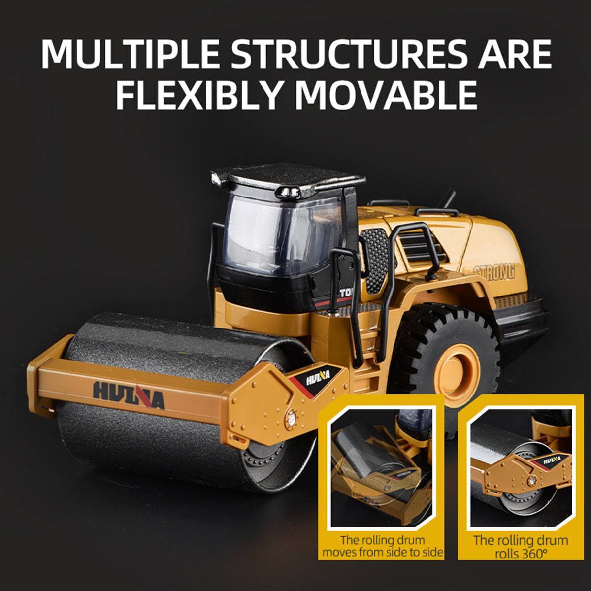Huina 1715 1:50 Diecast Road Roller with flexible movable structures, including a 360-degree rolling drum for an interactive experience.