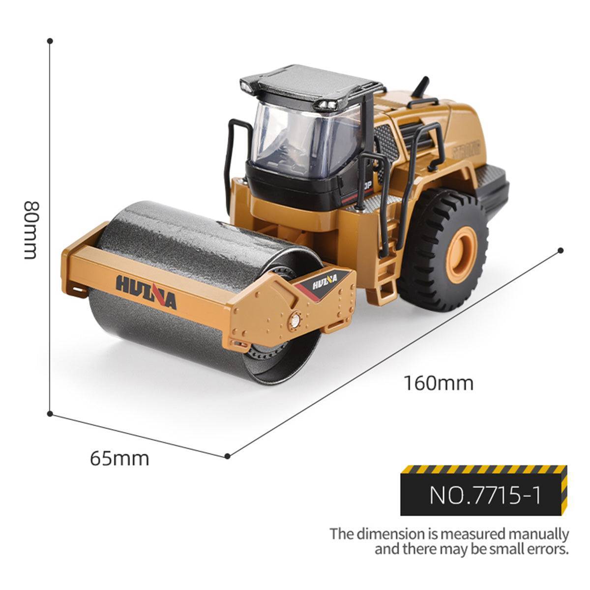 Huina 1715 1:50 Diecast Road Roller with precise dimensions of 160mm length, 80mm height, and 65mm width for an accurate scale model.