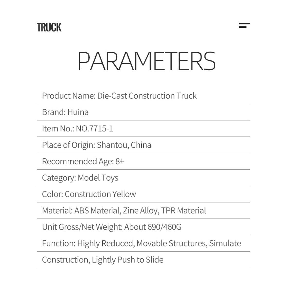 Product specifications of the Huina 1715 1:50 Diecast Road Roller, detailing materials, dimensions, and recommended age for use.