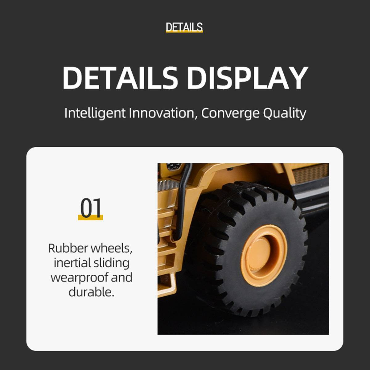 Close-up details of the Huina 1715 1:50 Road Roller, featuring rubber wheels, wearproof design, and inertial sliding for smooth movement.