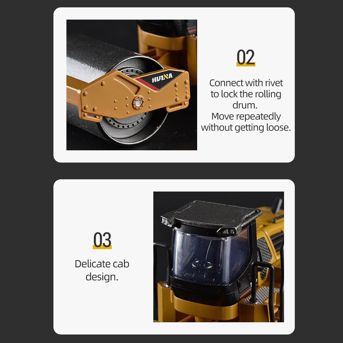 Detailed view of the Huina 1715 1:50 Road Roller, highlighting the riveted rolling drum and delicate cab design for an authentic look.