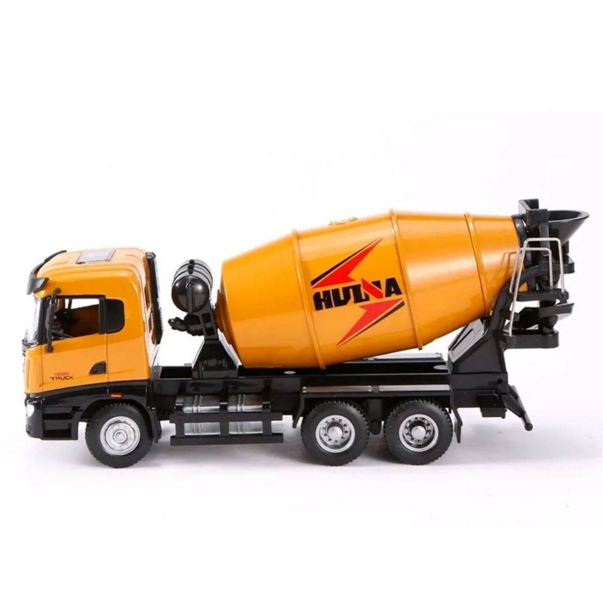 Side view of the Huina 1719 1:50 Alloy Mixer Truck Static Model showcasing intricate design and rotating mixer drum. Ideal for display or play.