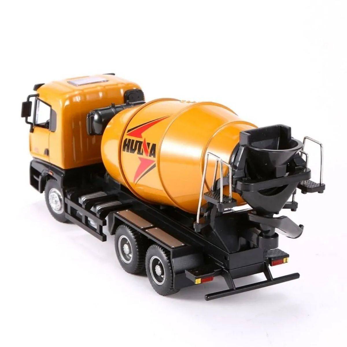Rear view of the Huina 1719 1:50 Alloy Mixer Truck Static Model featuring a detailed cement chute and sturdy build. A must-have for collectors.