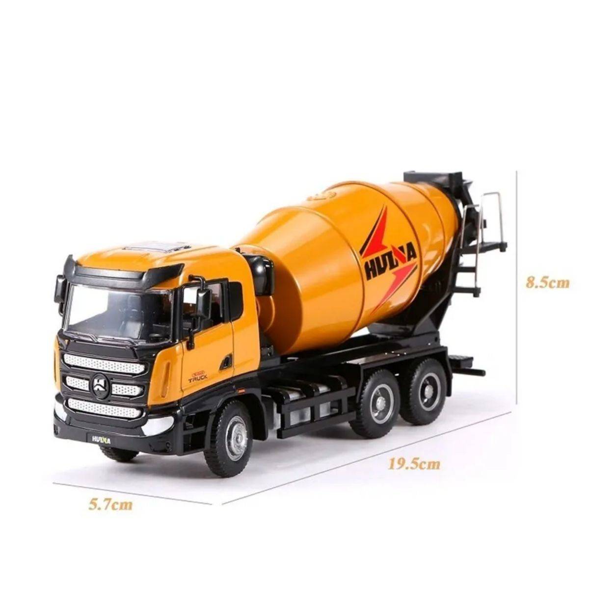 Huina 1719 1:50 Alloy Mixer Truck Static Model with dimensions labeled for scale reference. High-quality diecast construction for durability.