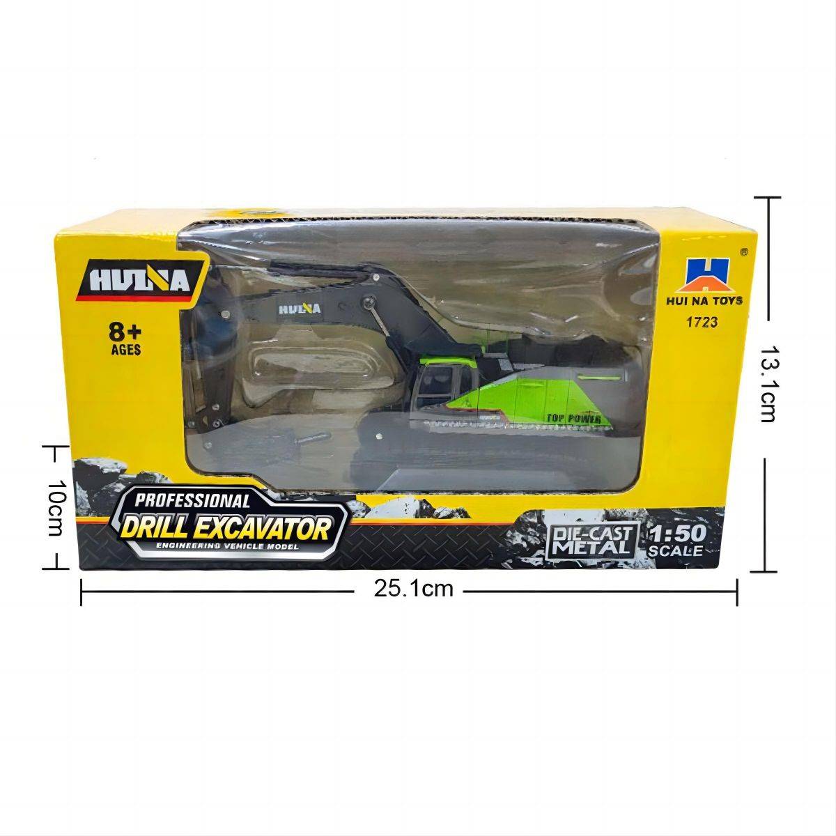 Huina 1723 1:50 Alloy Drill Excavator Static Model in its original packaging, featuring a clear display window and branding. Suitable for ages 8 and up.