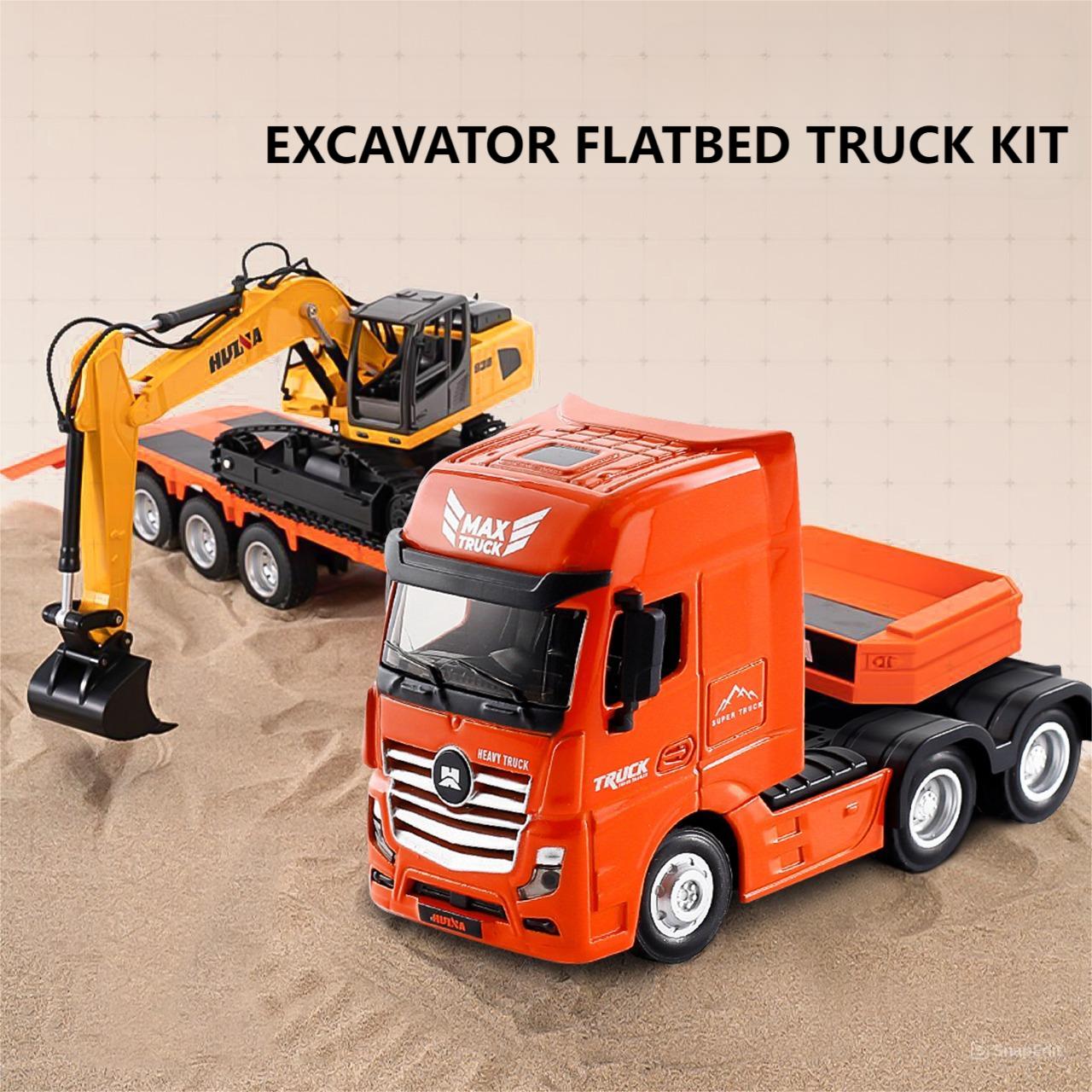 Huina 1729 1:50 Alloy Diecast Flatbed Truck with Excavator - HugmieToys