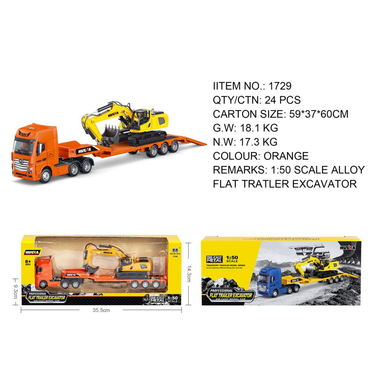 Huina 1729 1:50 Alloy Diecast Flatbed Truck with Excavator - HugmieToys