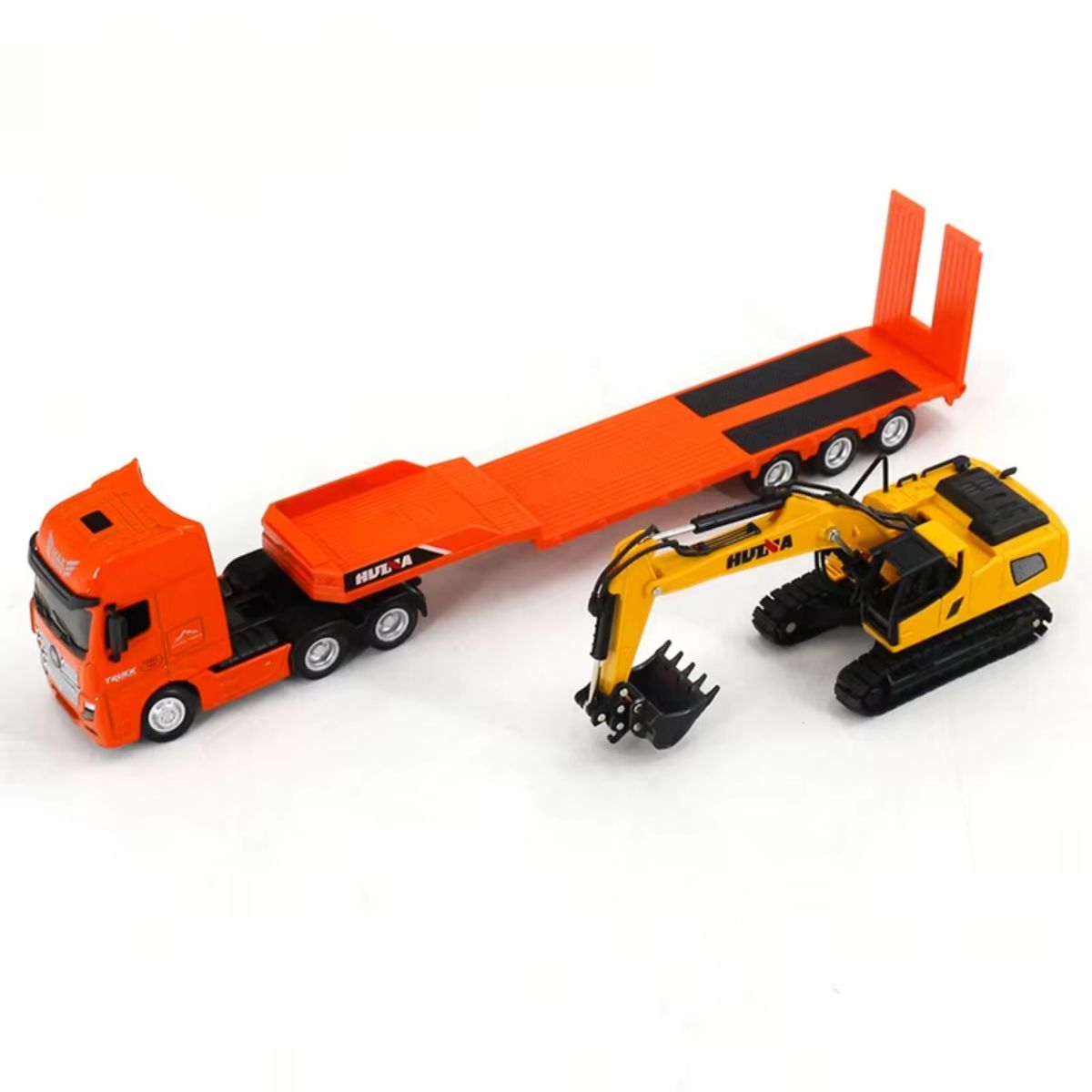 Huina 1729 1:50 Alloy Diecast Flatbed Truck with Excavator - HugmieToys