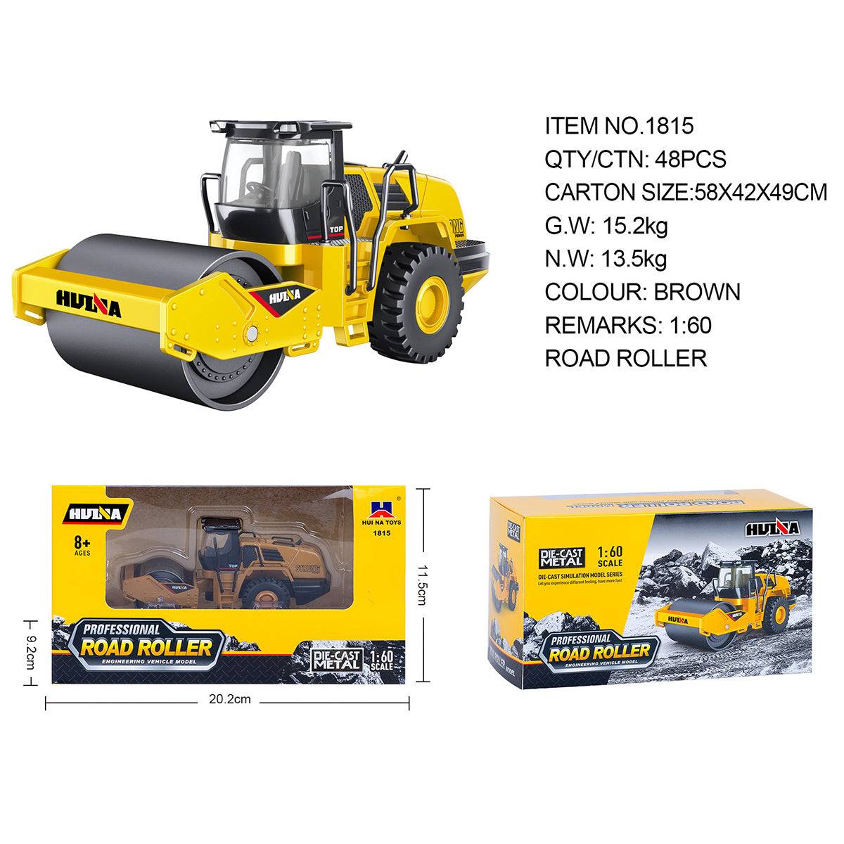 Huina 1815 1:60 Alloy Road Roller Static Model packaging and specifications. A perfect collectible or toy for construction vehicle enthusiasts.