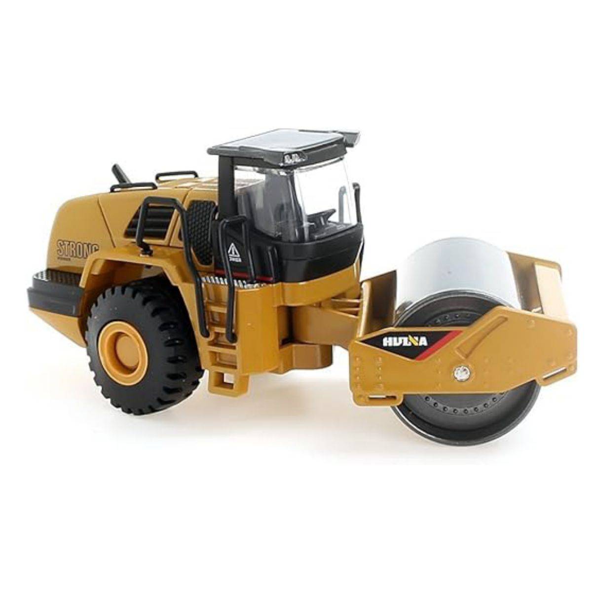 Brown Huina 1815 1:60 Alloy Road Roller Static Model featuring intricate details and a sturdy build. Great for display or imaginative play.