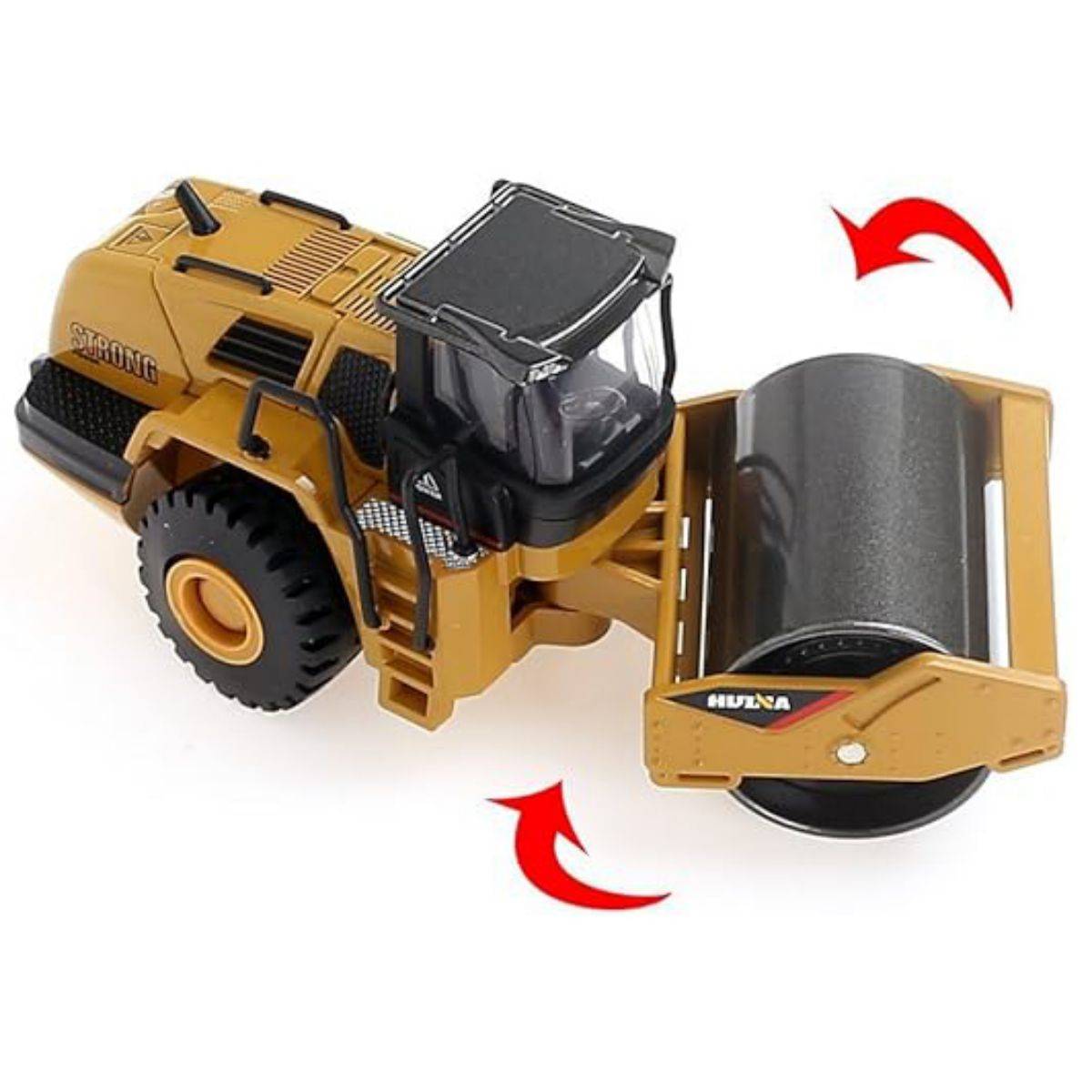 Huina 1815 1:60 Alloy Road Roller Static Model with a movable front roller. A high-quality die-cast construction vehicle for kids and collectors.