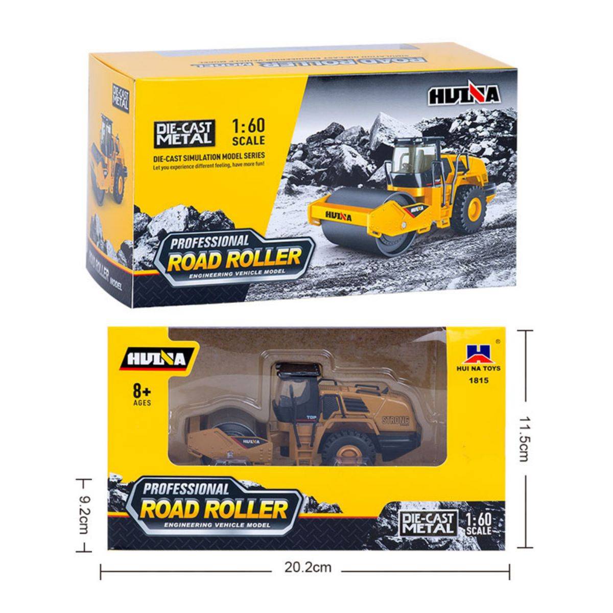 Huina 1815 1:60 Alloy Road Roller Static Model packaging with dimensions. A perfect gift for construction vehicle enthusiasts and collectors.
