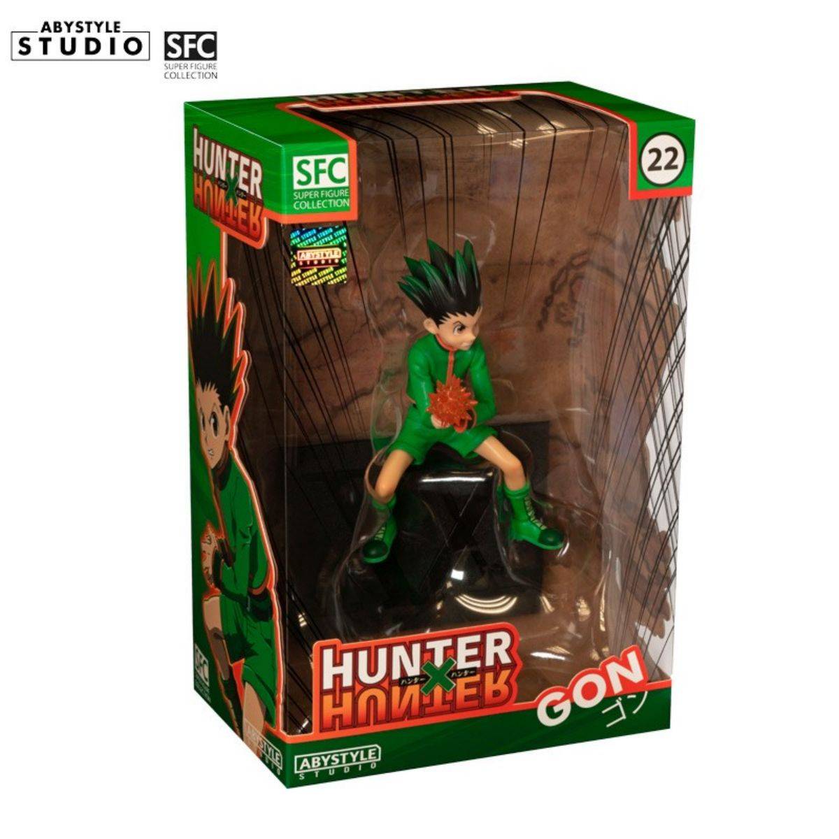 Packaged ABYstyle Studio Hunter x Hunter Gon SFC Figure 15cm. Display box features Gon in his battle stance with Jajanken attack, perfect for collectors.