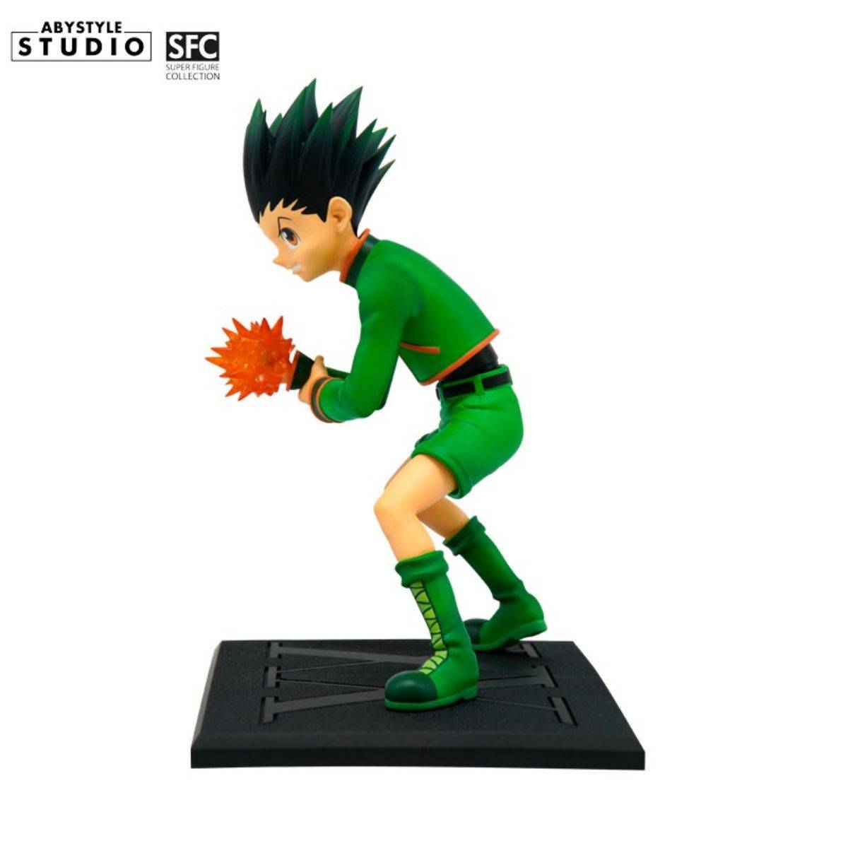 Side profile of ABYstyle Studio Hunter x Hunter Gon SFC Figure 15cm. Displays Gon’s green outfit and glowing Jajanken attack on a sturdy black base.