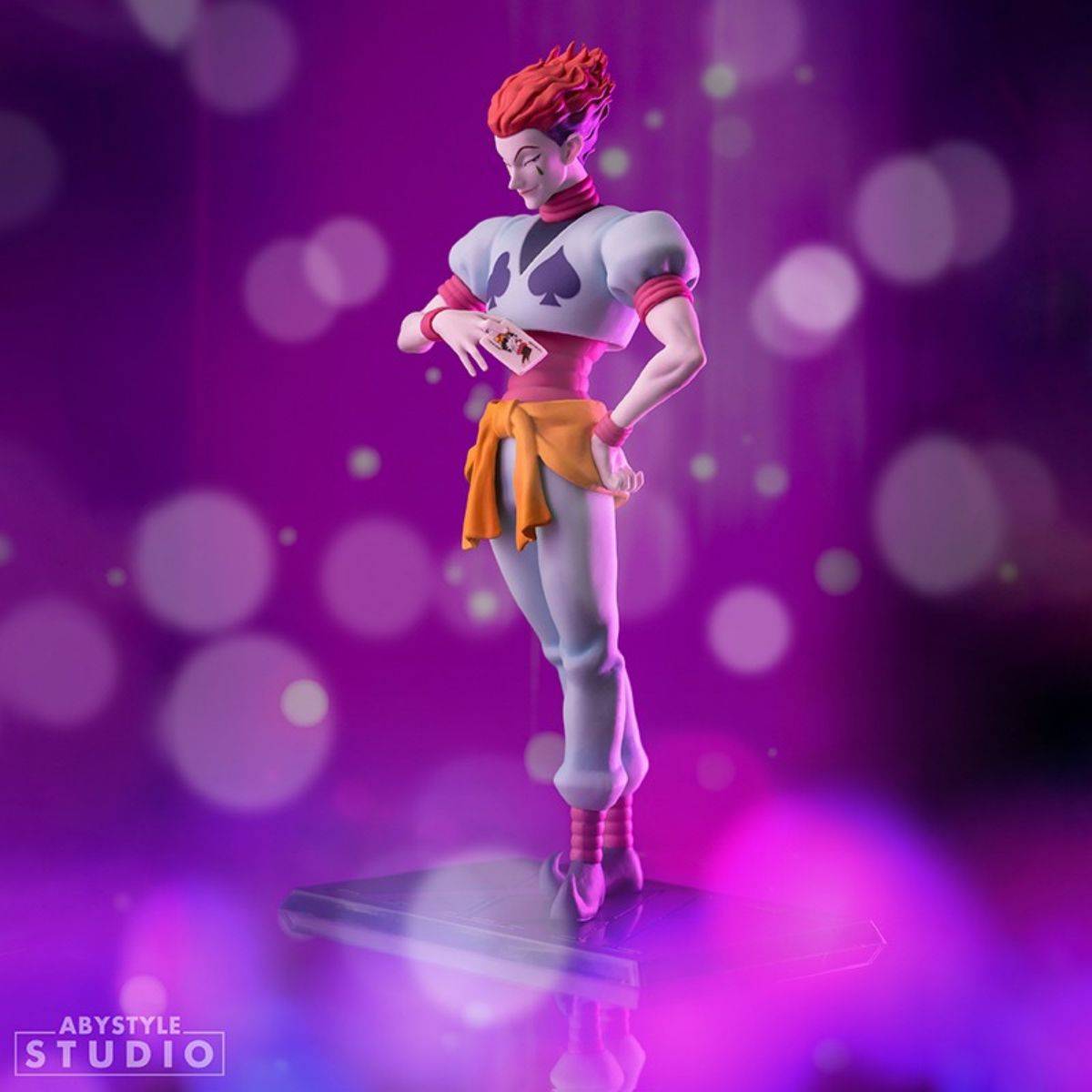 Hunter x Hunter Hisoka SFC Figure 20cm by ABYstyle Studio, posed elegantly with a purple bokeh background for a dramatic effect.