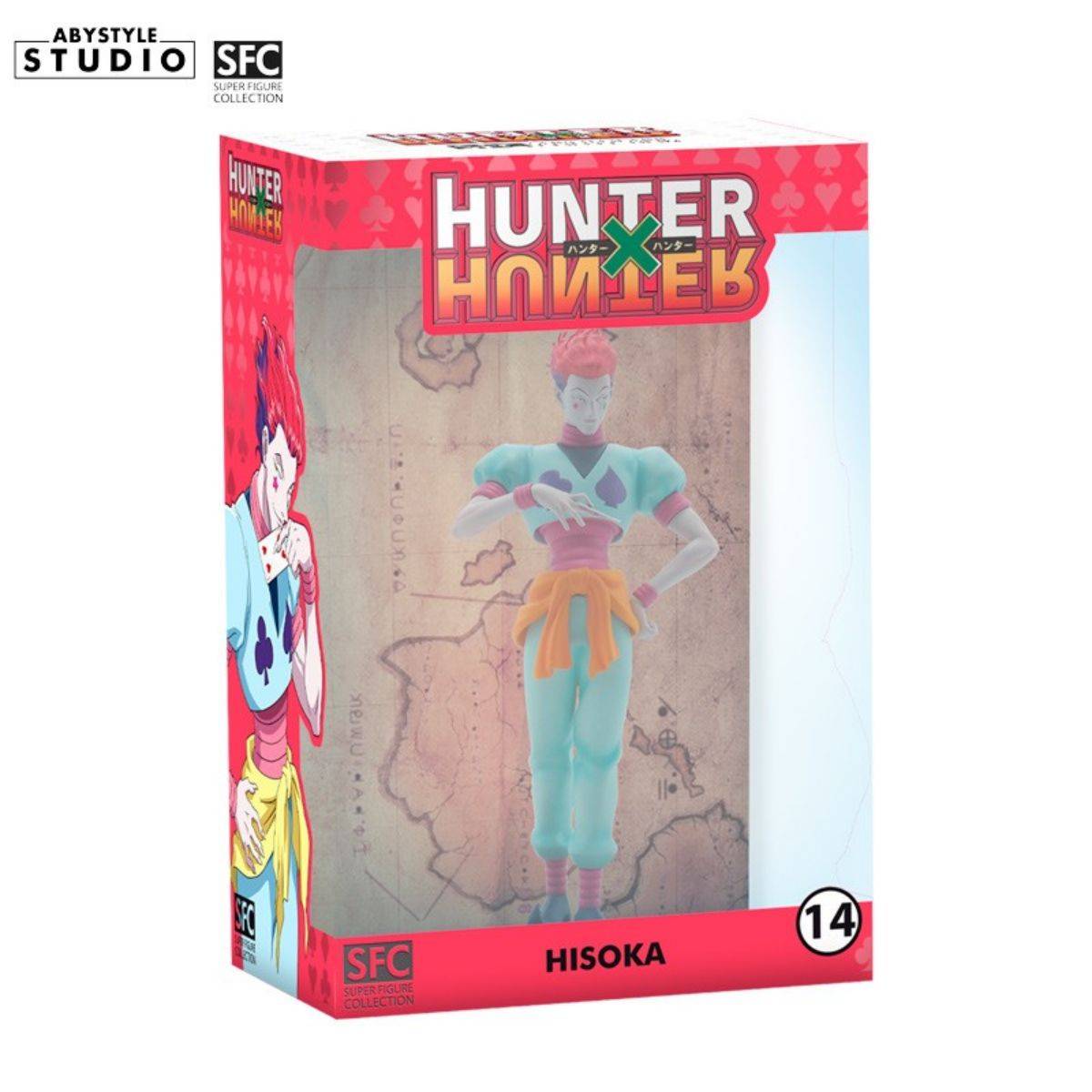 Packaged ABYstyle Studio Hunter x Hunter Hisoka SFC Figure 20cm in a collector's box with anime-themed artwork and branding.