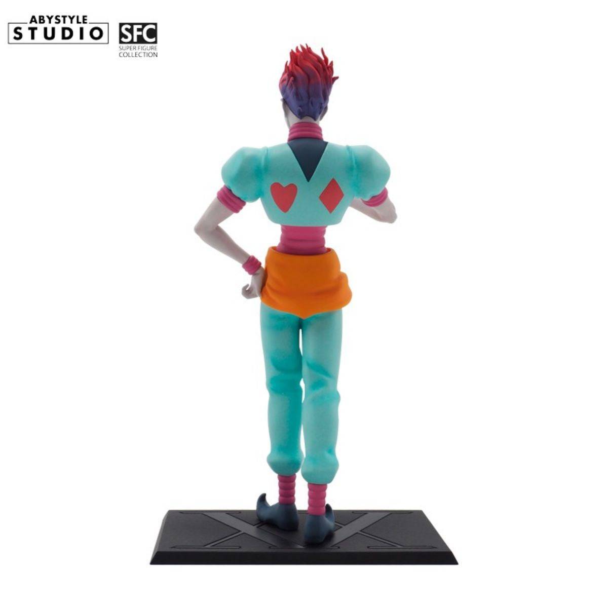 Back view of ABYstyle Studio Hunter x Hunter Hisoka SFC Figure 20cm, displaying the heart and diamond symbols on his outfit.