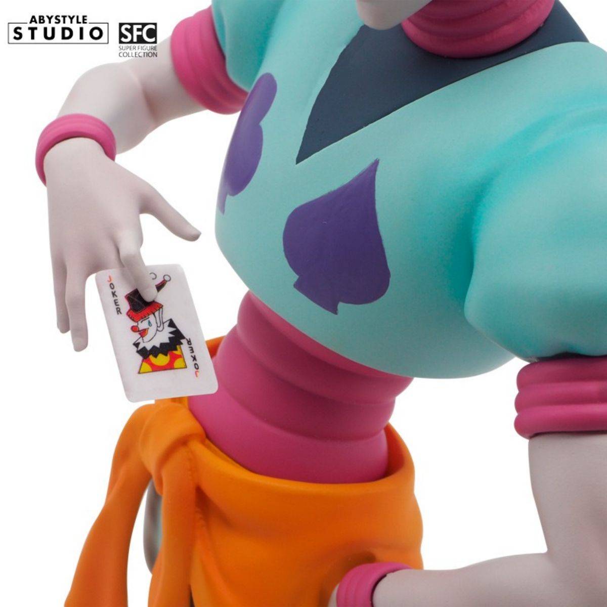 Detailed shot of Hisoka's playing card from the ABYstyle Studio Hunter x Hunter SFC Figure 20cm, featuring a Joker illustration.