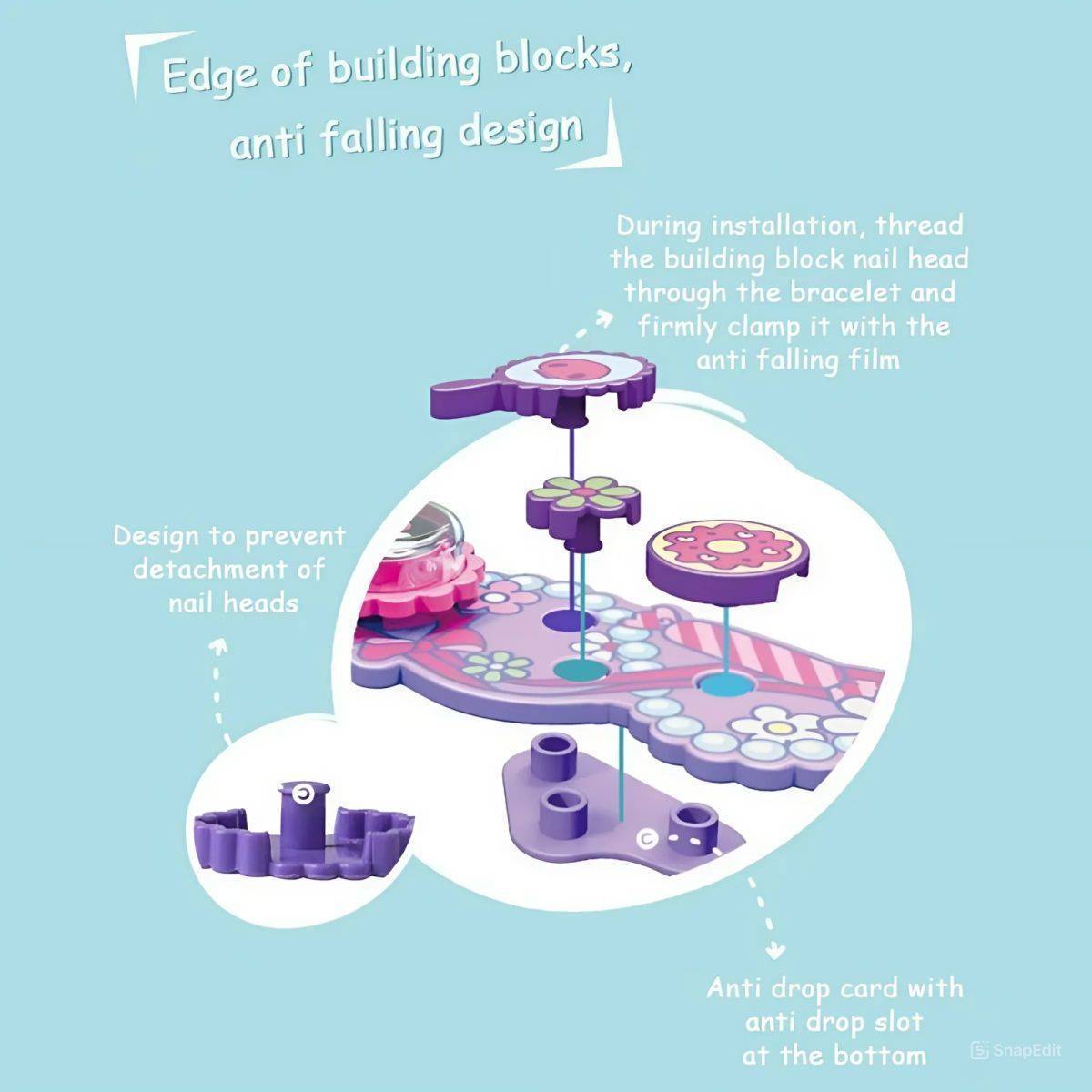 Close-up of Sanrio Kuromi Building Block Bracelet's anti-falling design. Secure attachment ensures durability and long-lasting wear.