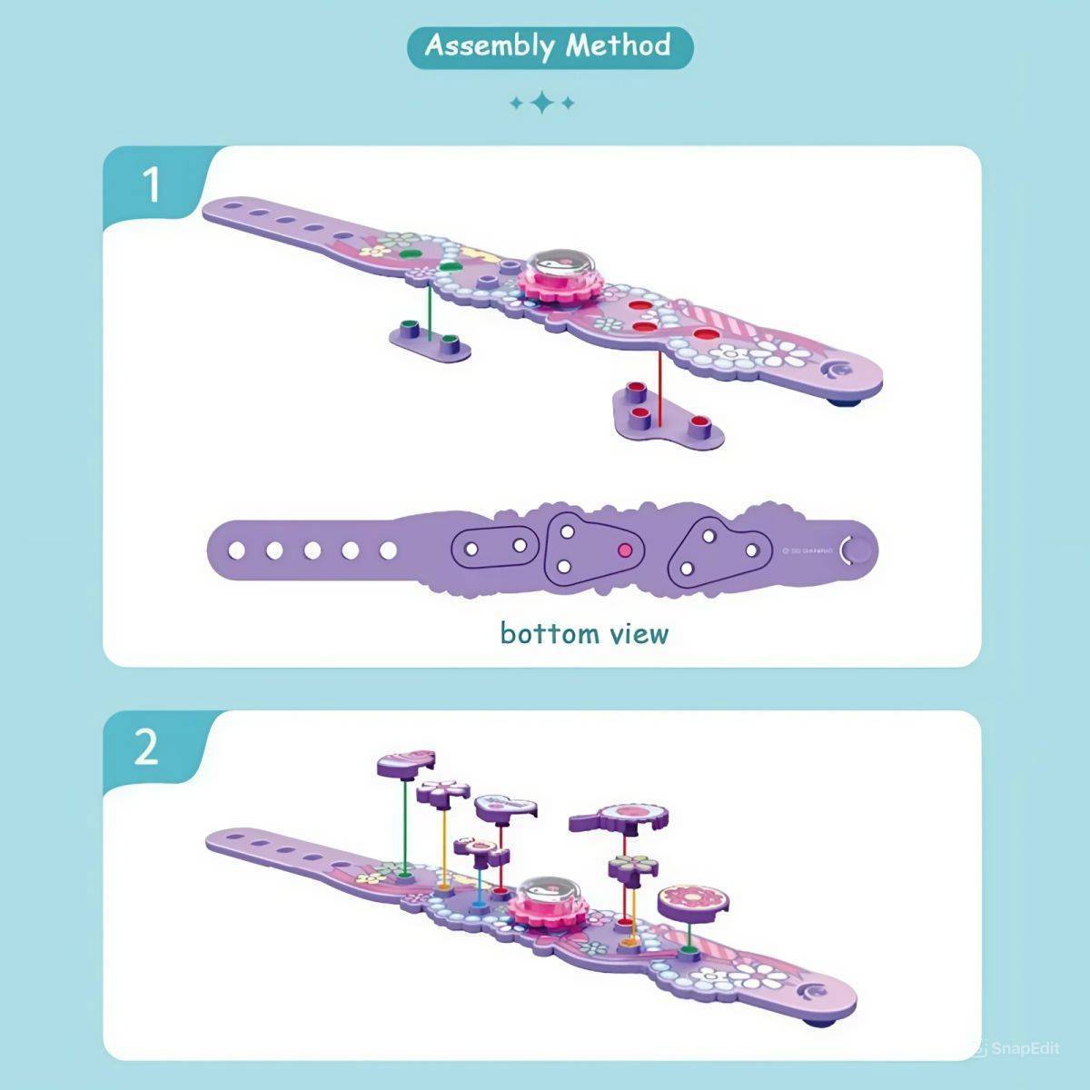Step-by-step assembly guide for Sanrio Kuromi Building Block Bracelet. Easy-to-follow instructions for creating a custom bracelet.