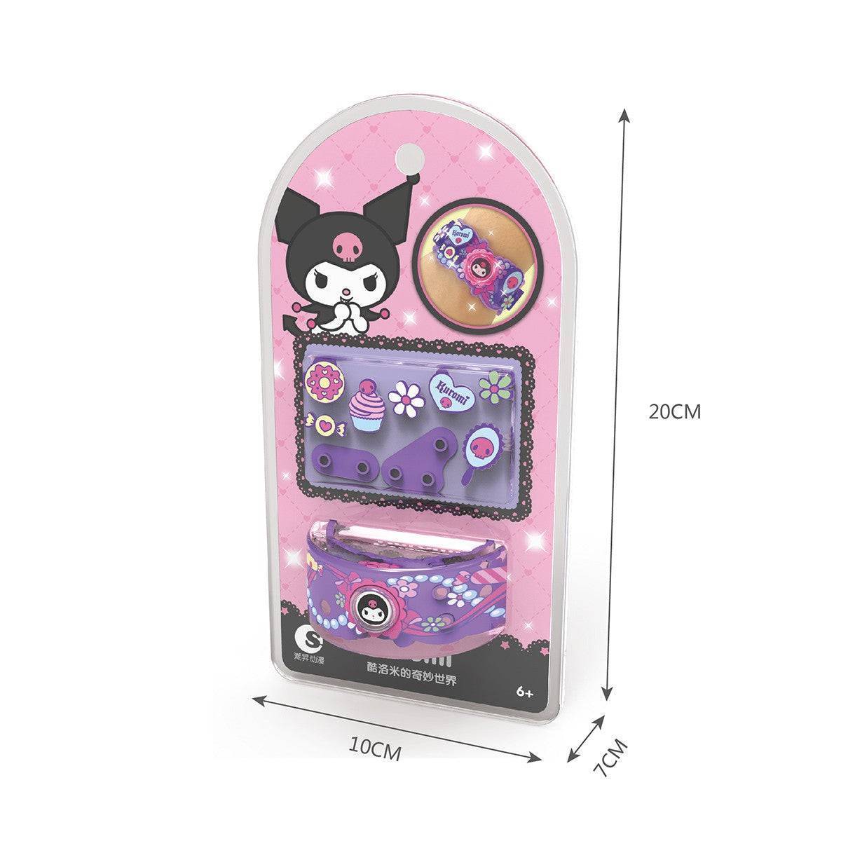 Sanrio Kuromi Building Block Bracelet Kit packaging. Compact 10x7x20cm design with included bracelet and decorative pieces.