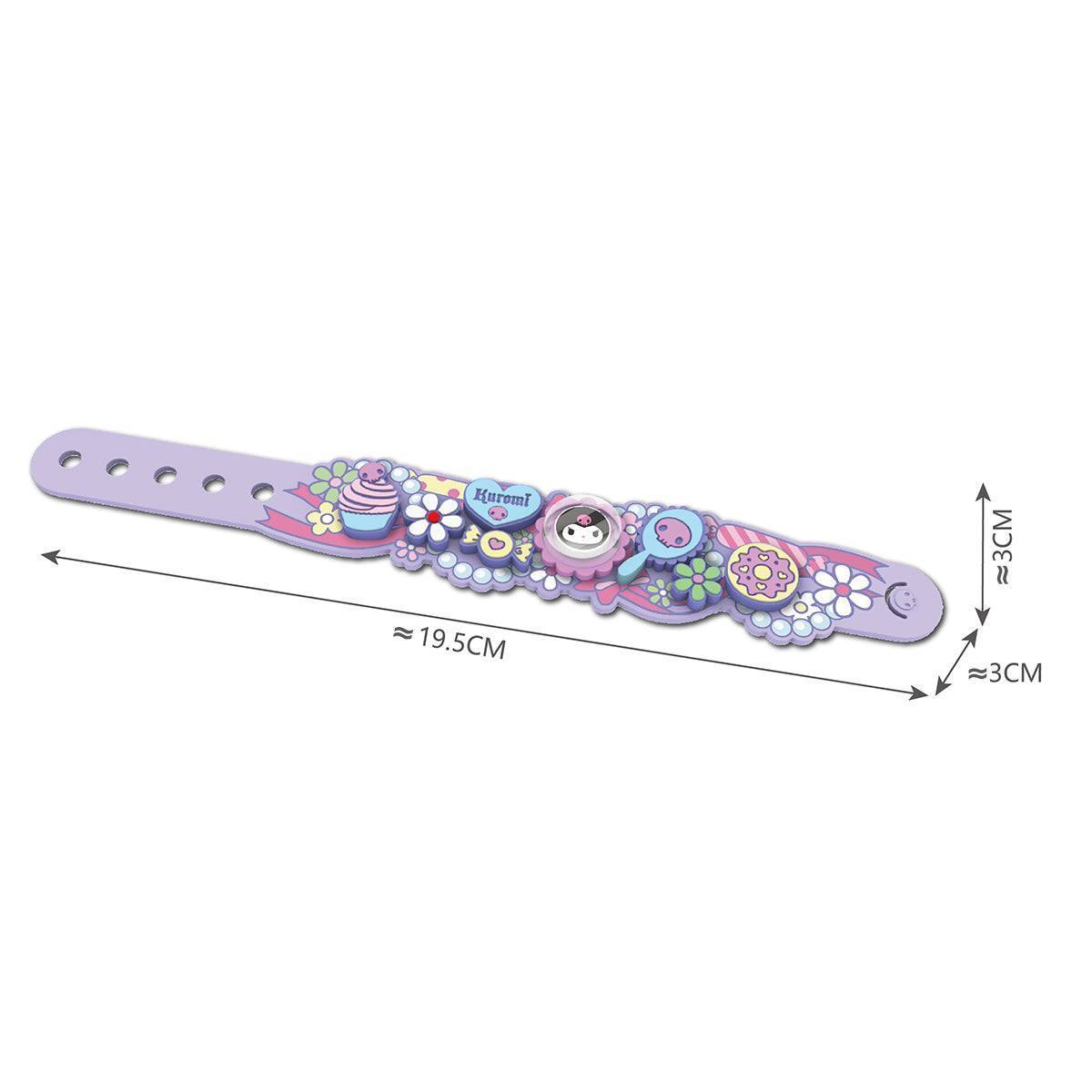 Sanrio Kuromi Building Block Bracelet with dimensions of 19.5cm x 3cm. Adjustable and customizable design for kids' creative fun.