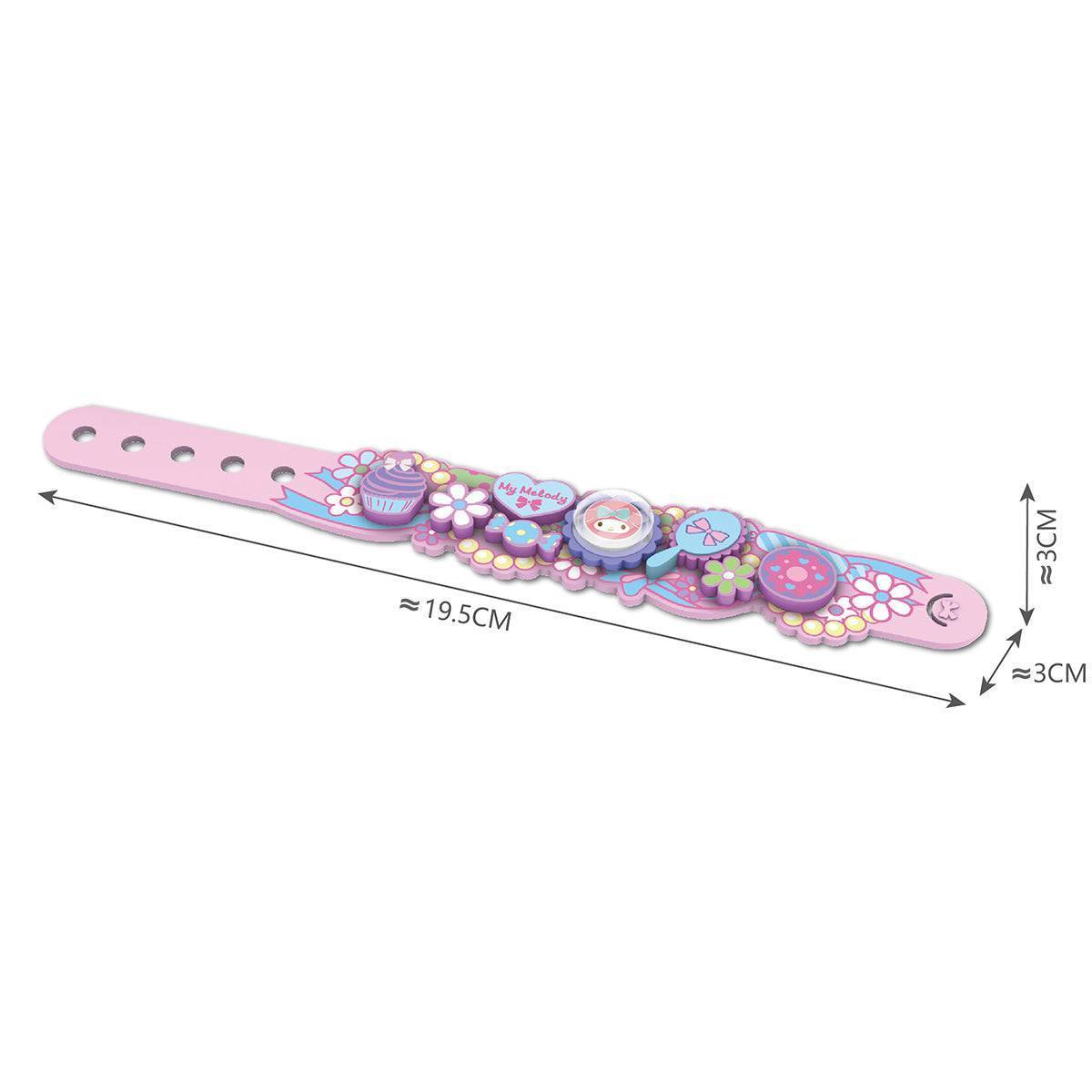Sanrio My Melody Building Block Bracelet with 19.5cm x 3cm dimensions. Cute and adjustable bracelet for kids' DIY fun.